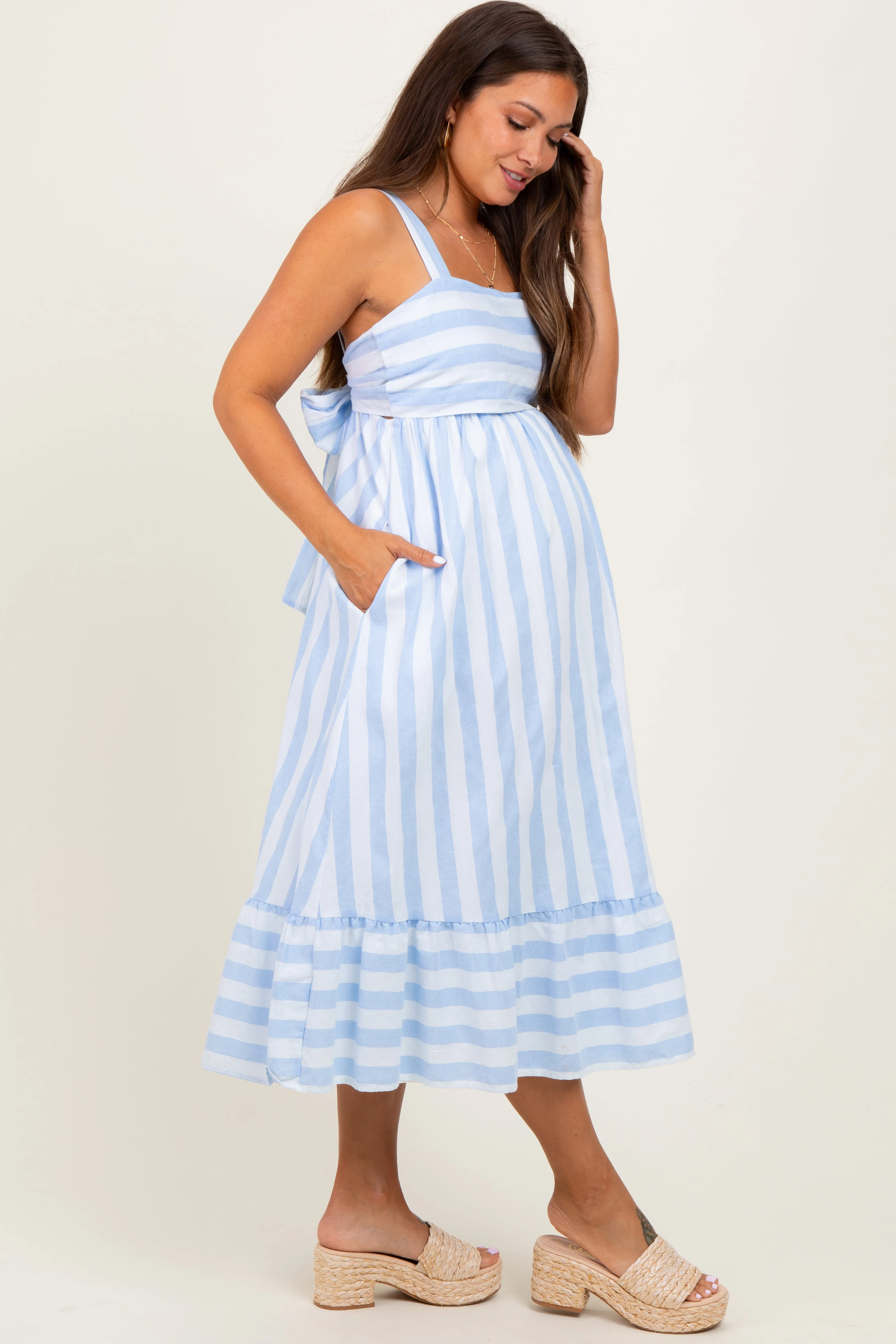 Light Blue Stripe Back Ribbon Tie Maternity Midi Dress sold by Pinkblush product image thumbnail 2