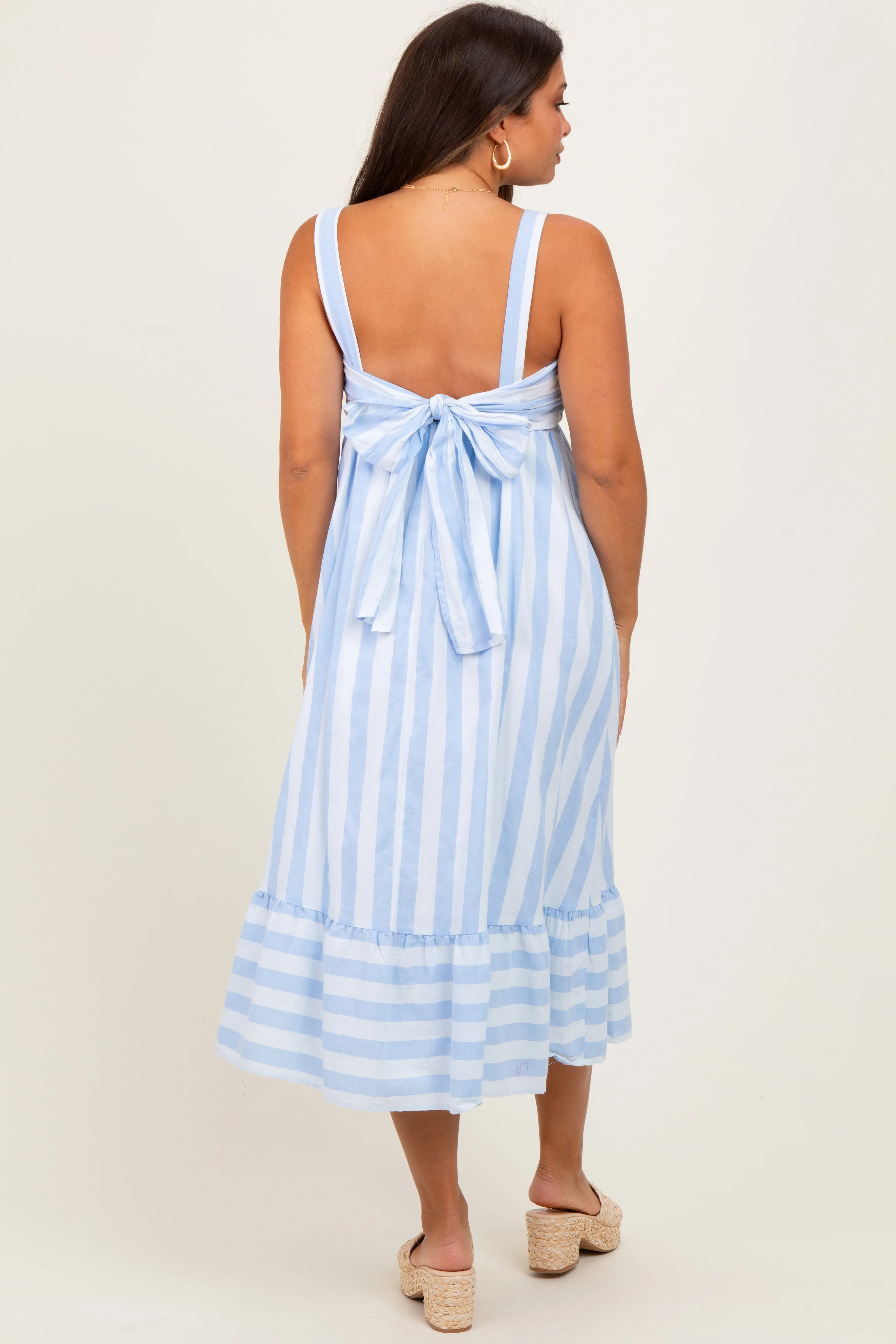 Light Blue Stripe Back Ribbon Tie Maternity Midi Dress sold by Pinkblush product image thumbnail 3