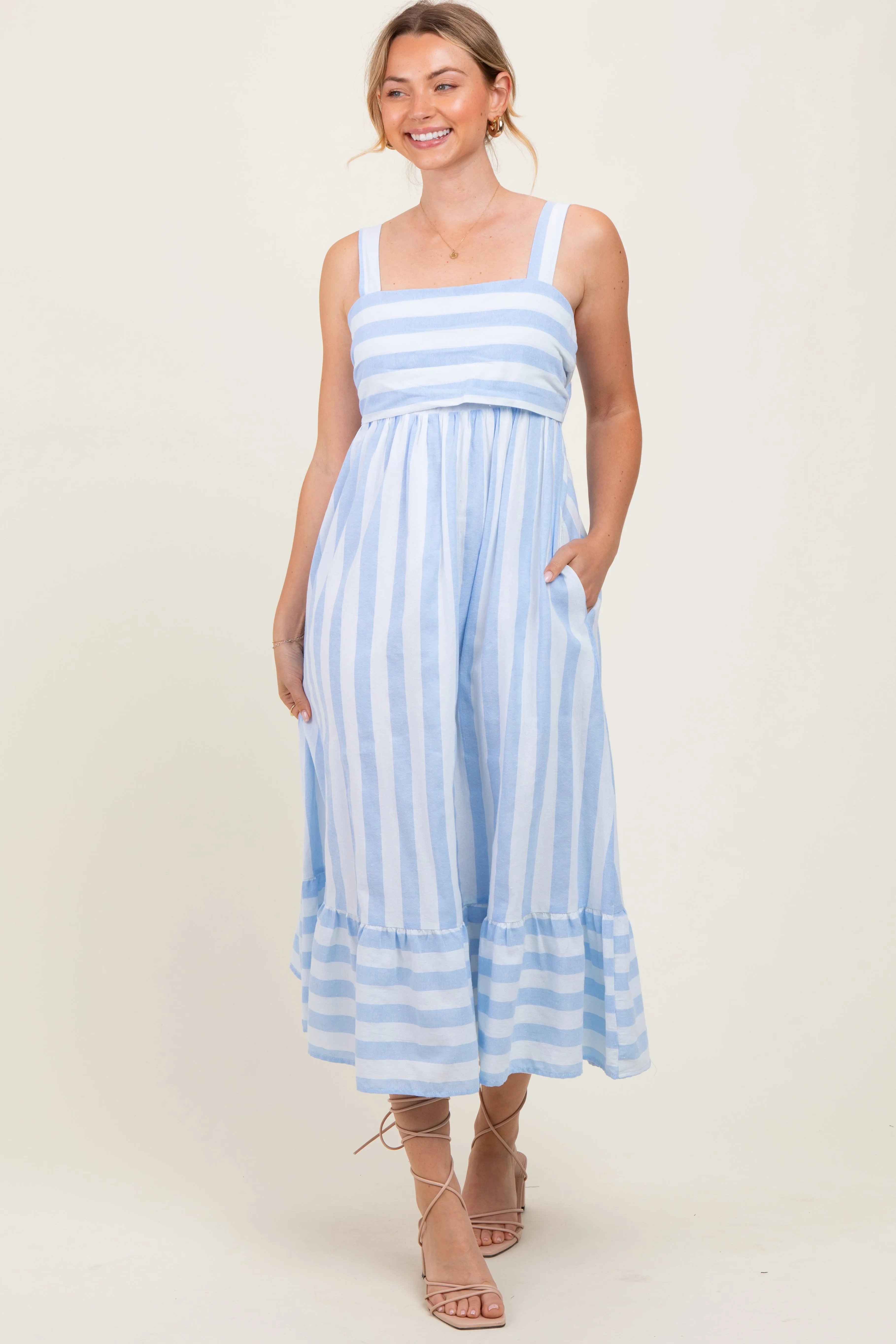 Light Blue Stripe Back Ribbon Tie Maternity Midi Dress sold by Pinkblush product image thumbnail 4