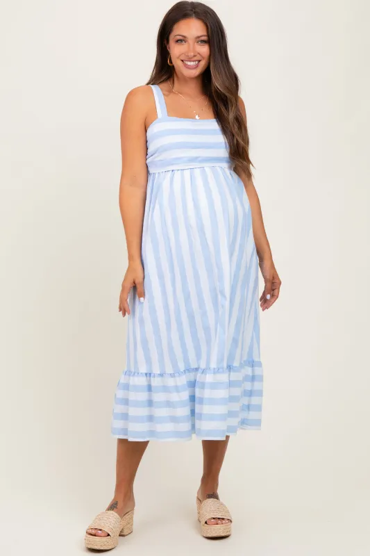 Light Blue Stripe Back Ribbon Tie Maternity Midi Dress sold by Pinkblush