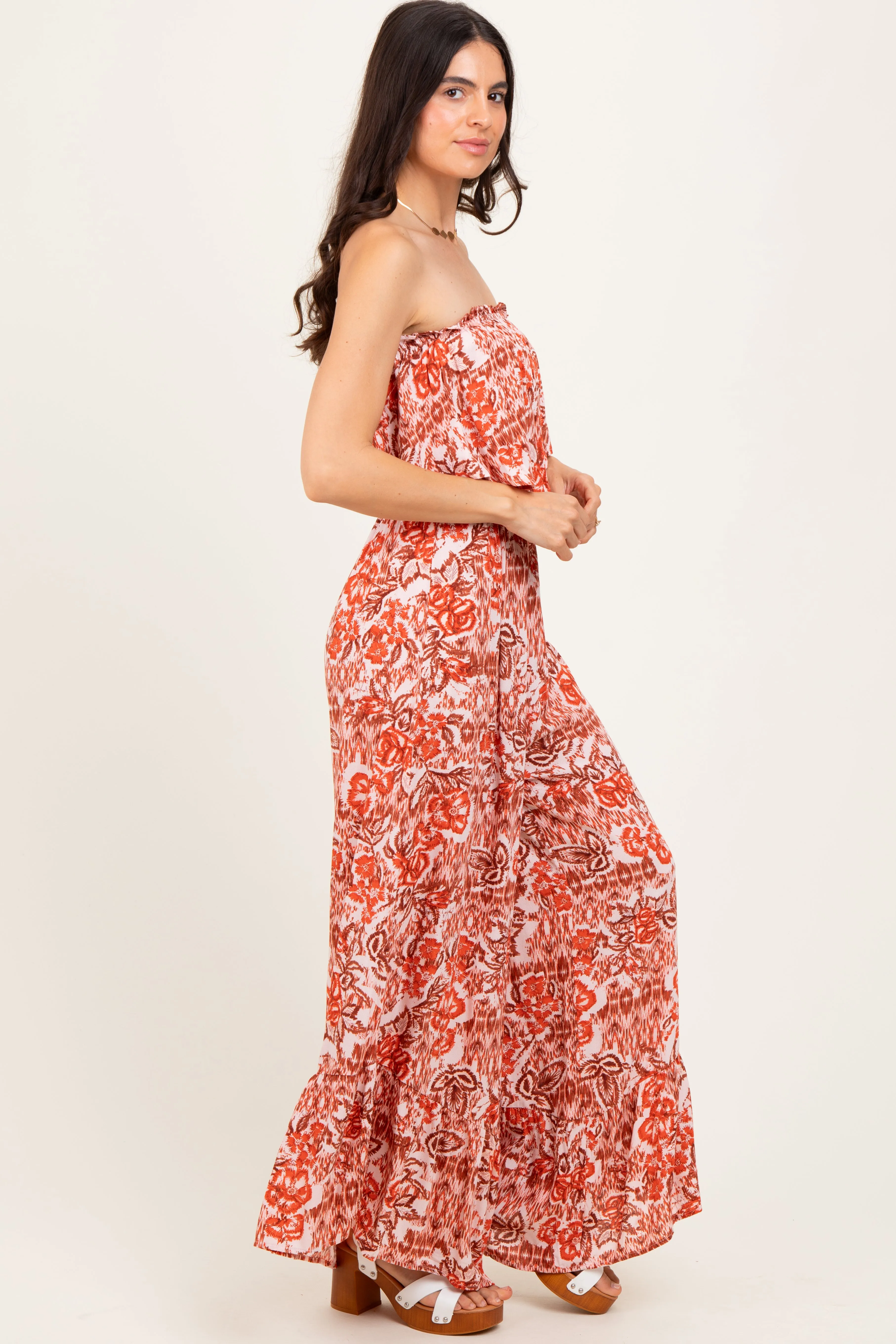 Rust Floral Strapless Ruffle Wide Leg Jumpsuit sold by Pinkblush product image thumbnail 3
