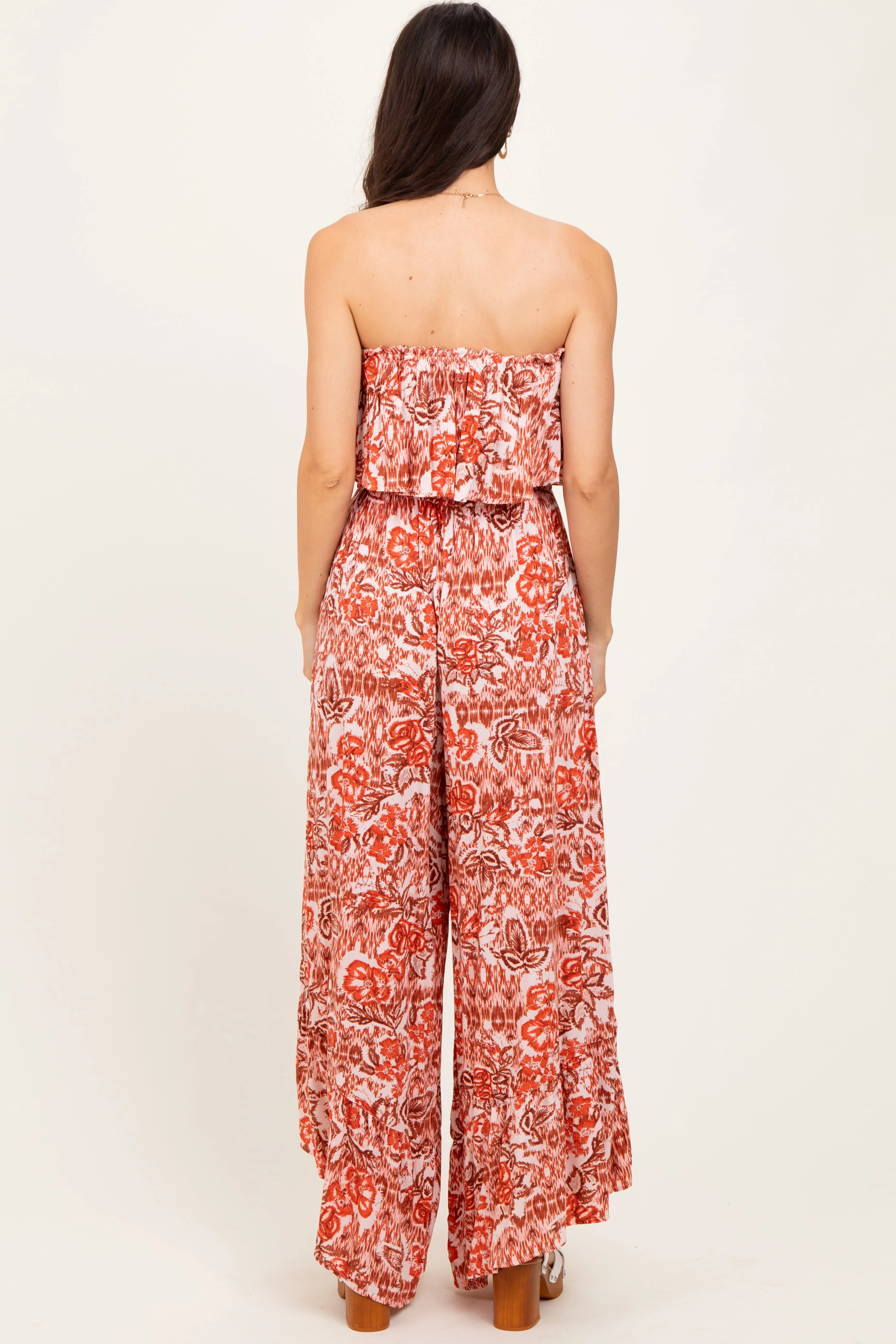 Rust Floral Strapless Ruffle Wide Leg Jumpsuit sold by Pinkblush product image thumbnail 4