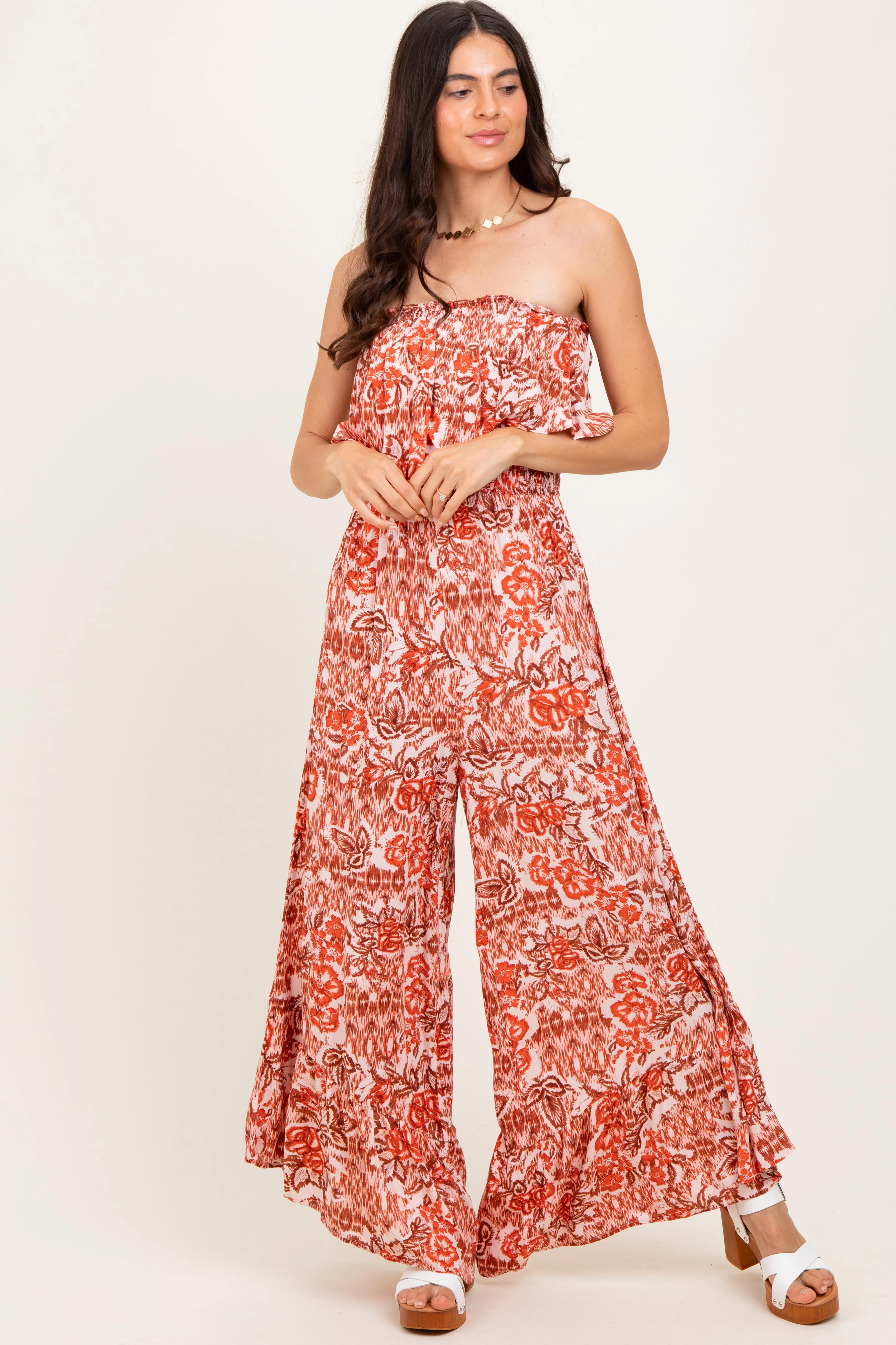 Rust Floral Strapless Ruffle Wide Leg Jumpsuit sold by Pinkblush