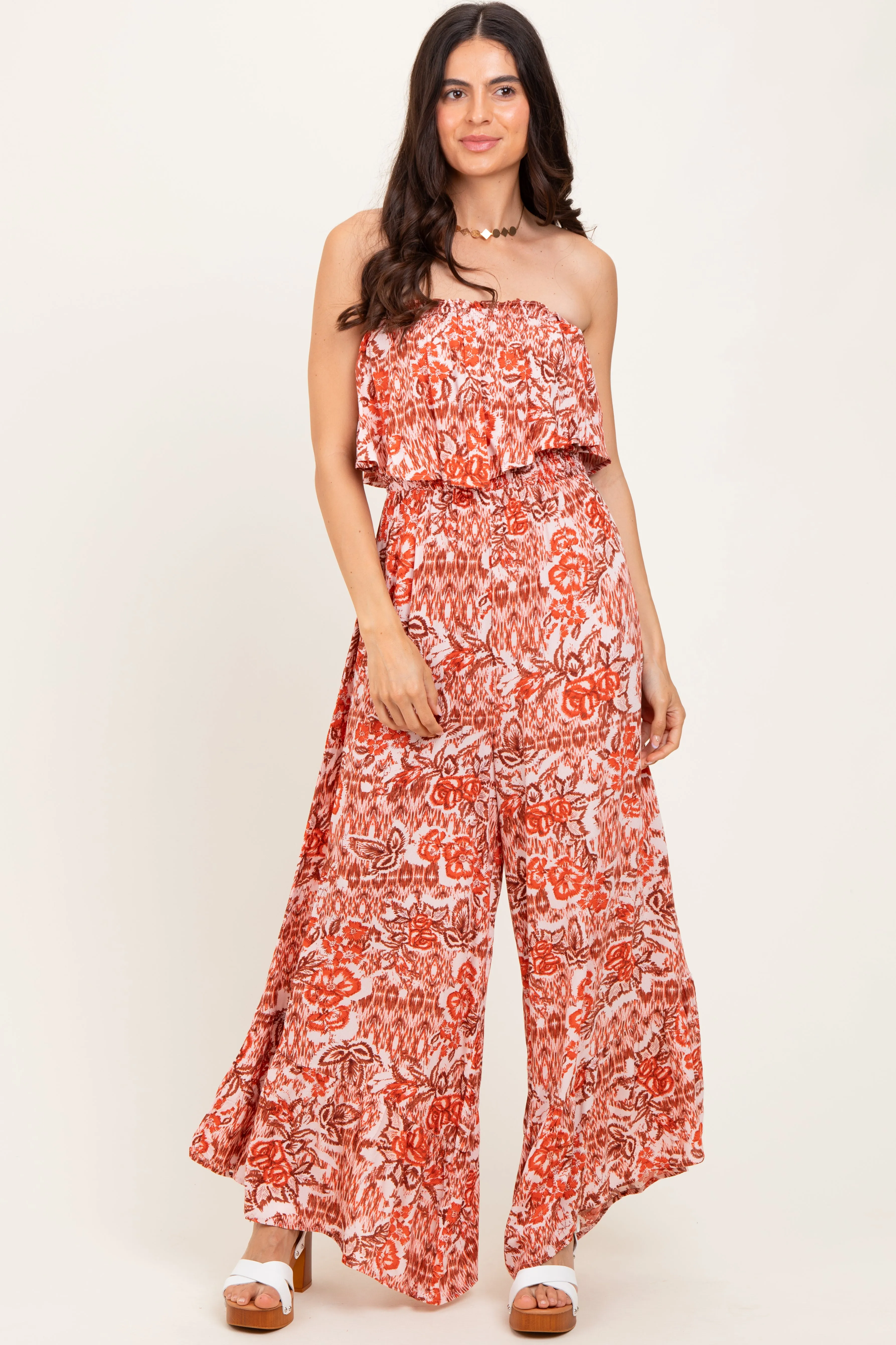 Rust Floral Strapless Ruffle Wide Leg Jumpsuit sold by Pinkblush product image thumbnail 2