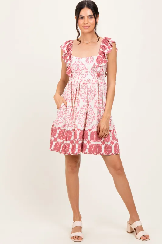 Mauve Damask Ruffle Sleeve Mini Dress sold by Pinkblush