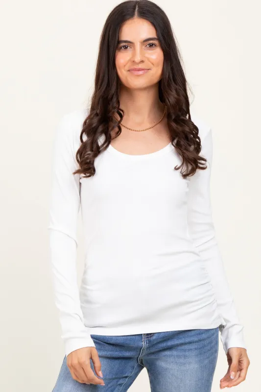 White Ribbed Ruched Long Sleeve Top sold by Pinkblush