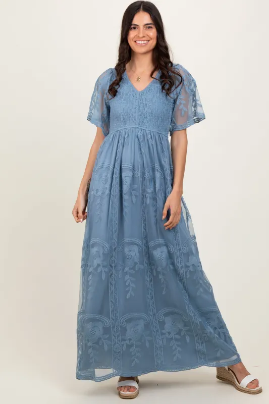 Blue Smocked Top Lace Maxi Dress sold by Pinkblush