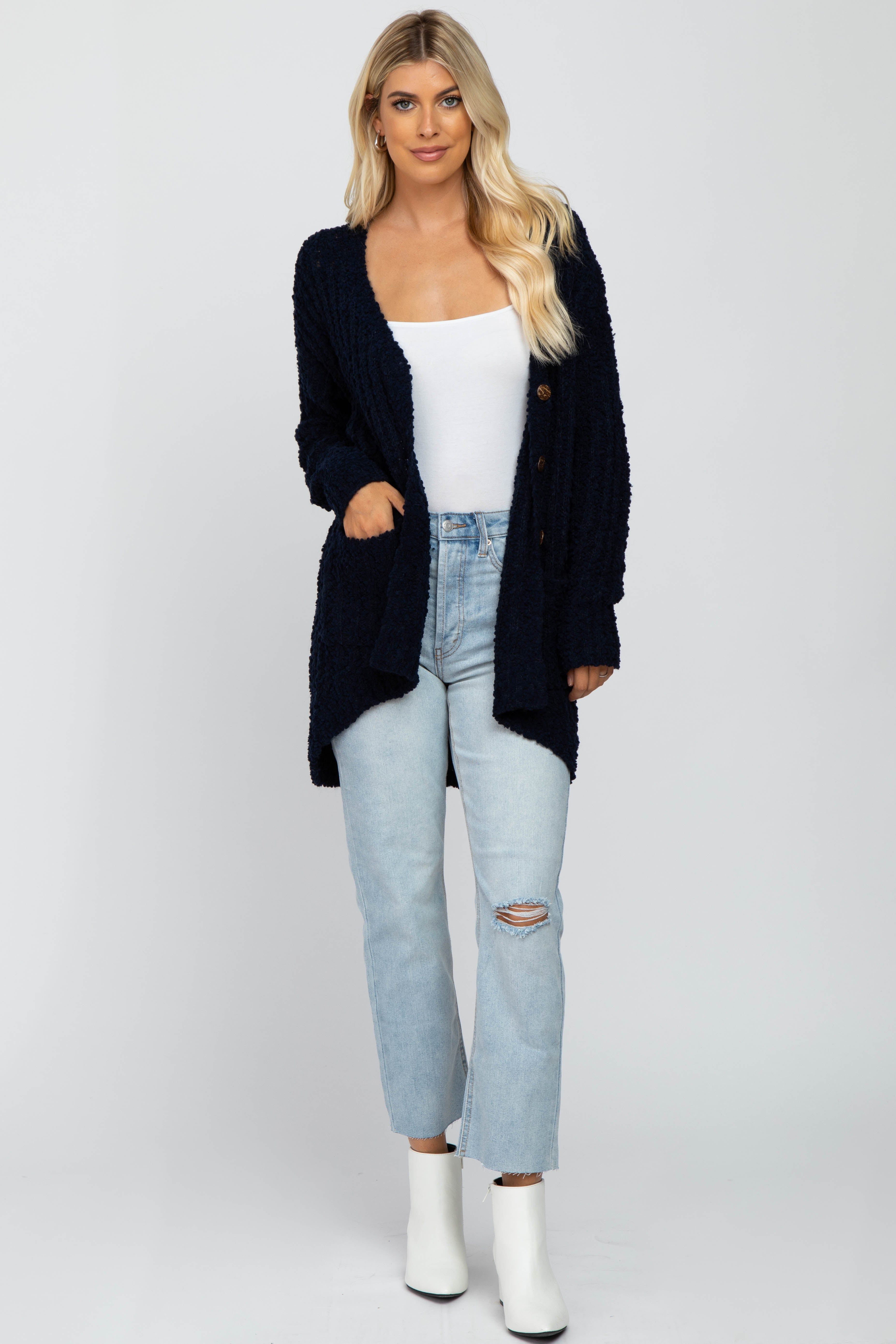 Navy Blue Popcorn Knit Hi-Low Cardigan sold by Pinkblush product image thumbnail 4