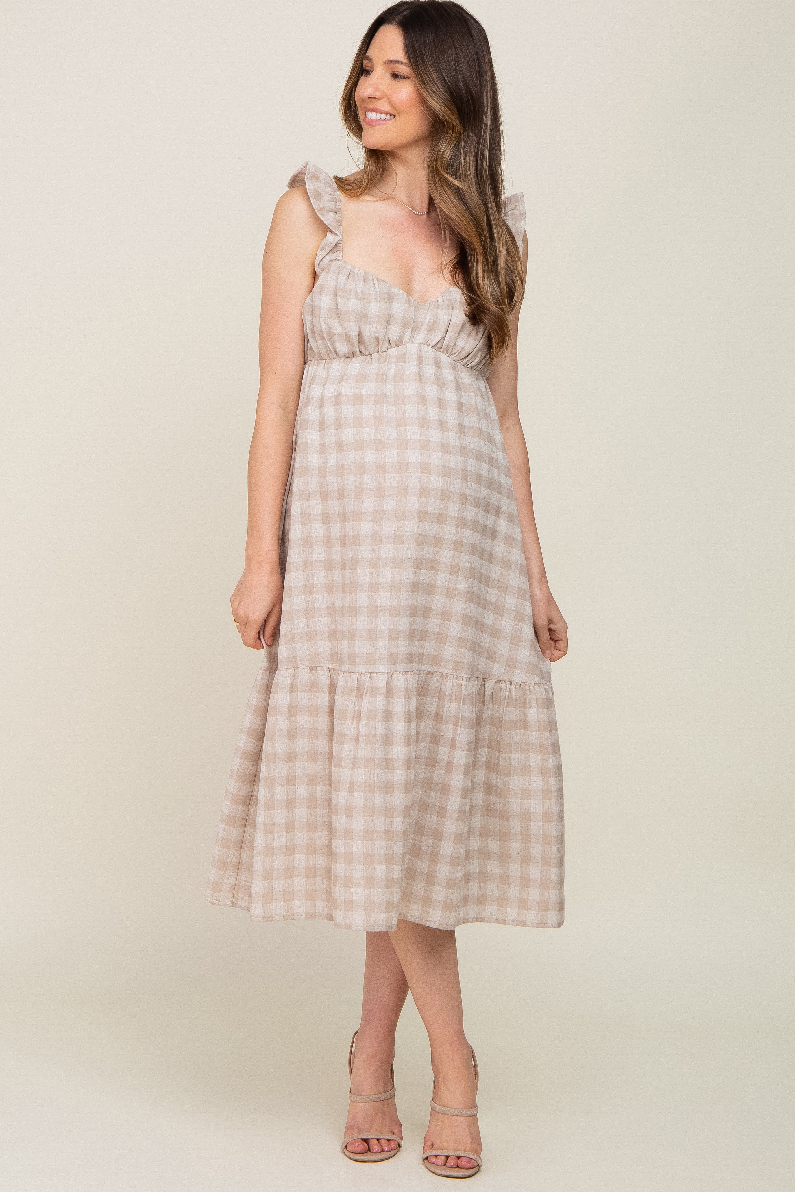 Beige Checkered Linen Sweetheart Neck Ruffle Strap Maternity Midi Dress sold by Pinkblush