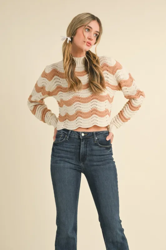 Ivory Taupe Wave Pattern Pointelle Sweater sold by Pinkblush