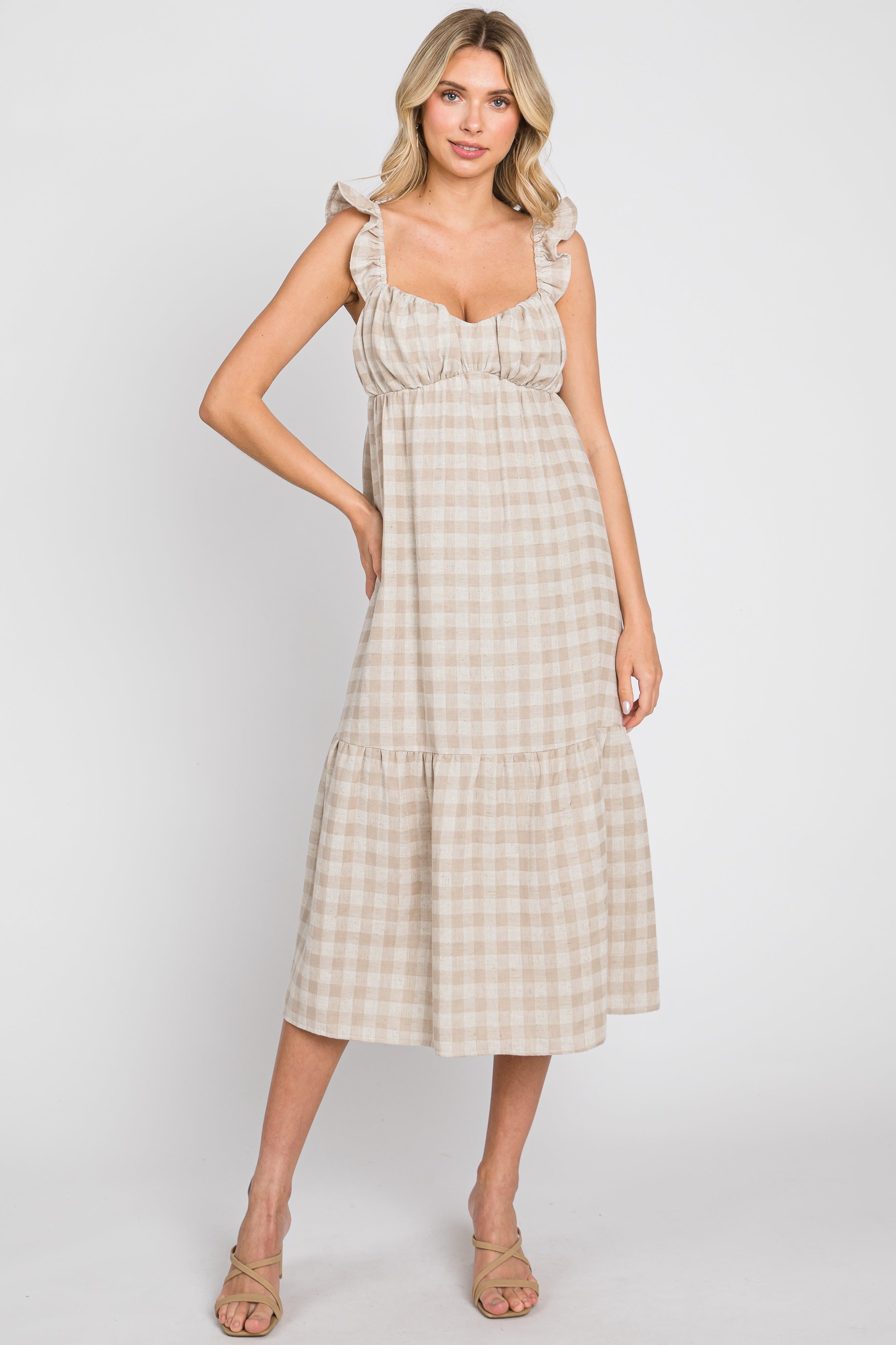 Beige Checkered Linen Sweetheart Neck Ruffle Strap Maternity Midi Dress sold by Pinkblush product image thumbnail 5