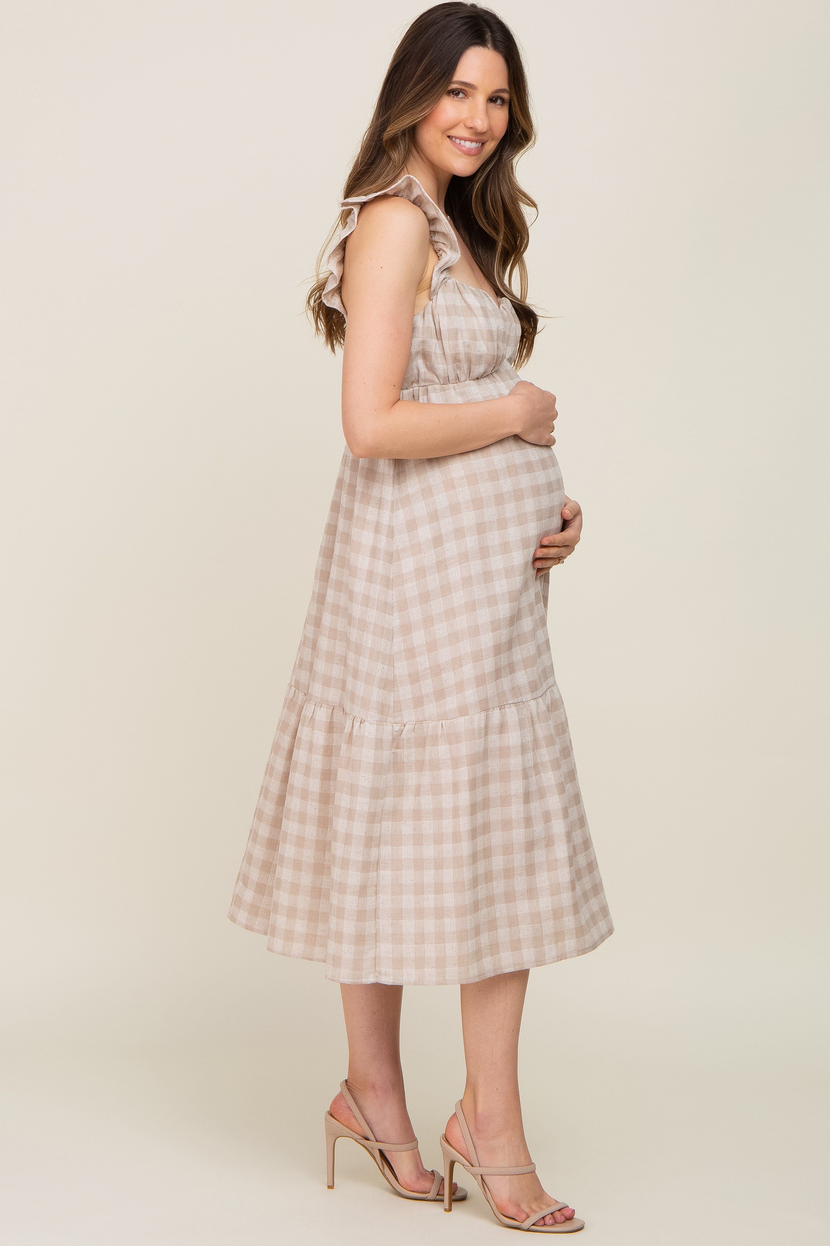 Beige Checkered Linen Sweetheart Neck Ruffle Strap Maternity Midi Dress sold by Pinkblush product image thumbnail 2