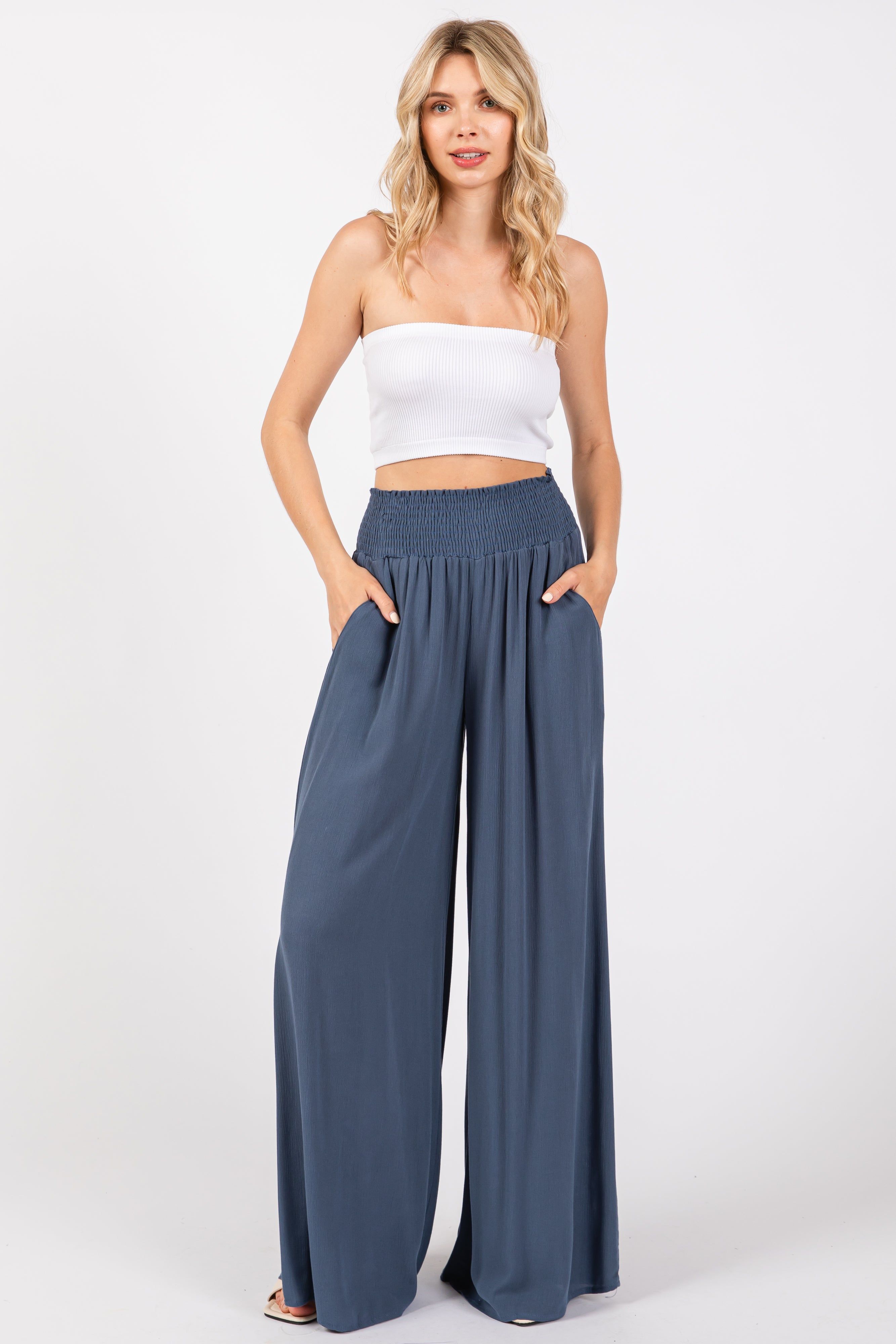 Blue Wide Smock Waist Pants sold by Pinkblush