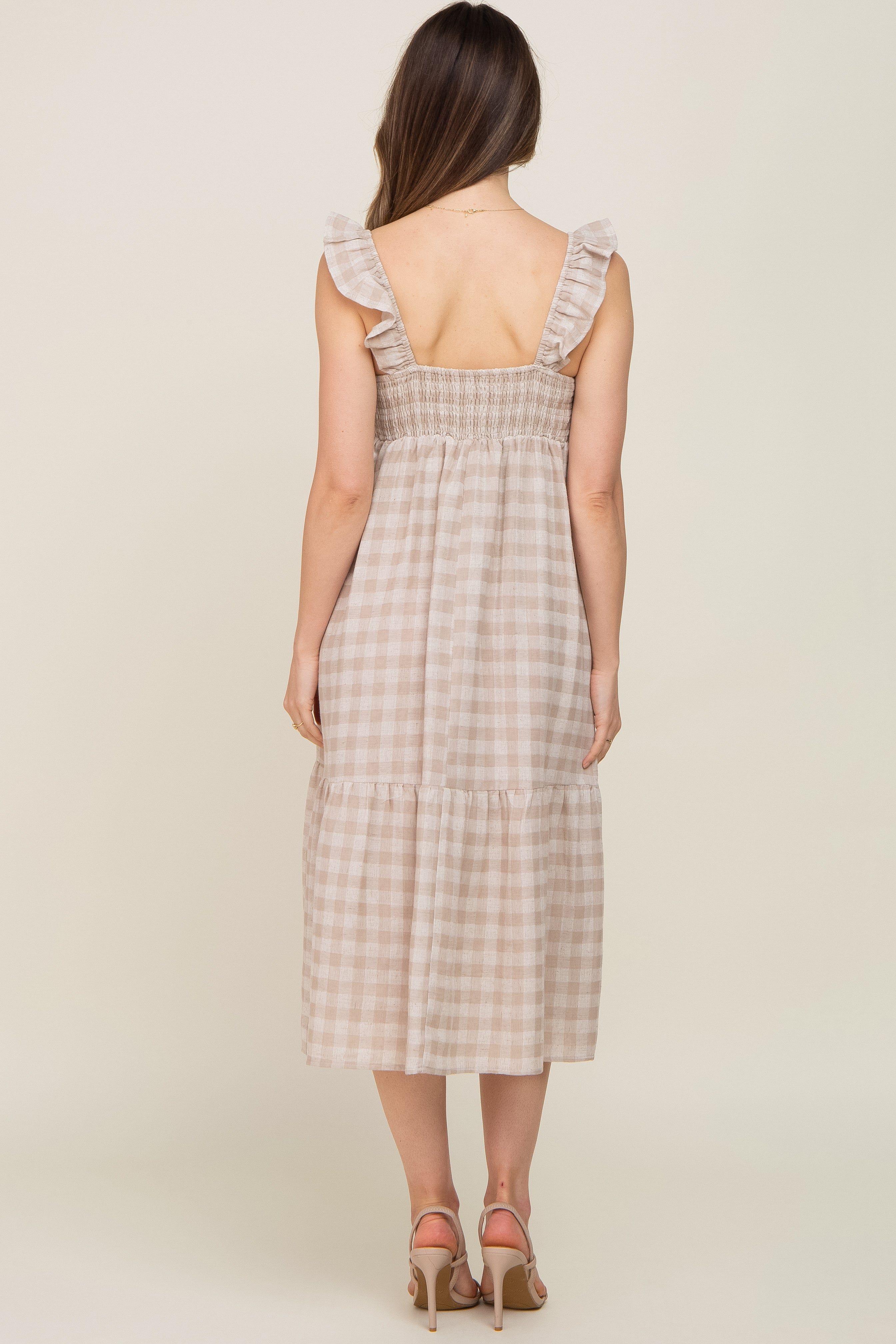 Beige Checkered Linen Sweetheart Neck Ruffle Strap Maternity Midi Dress sold by Pinkblush product image thumbnail 3