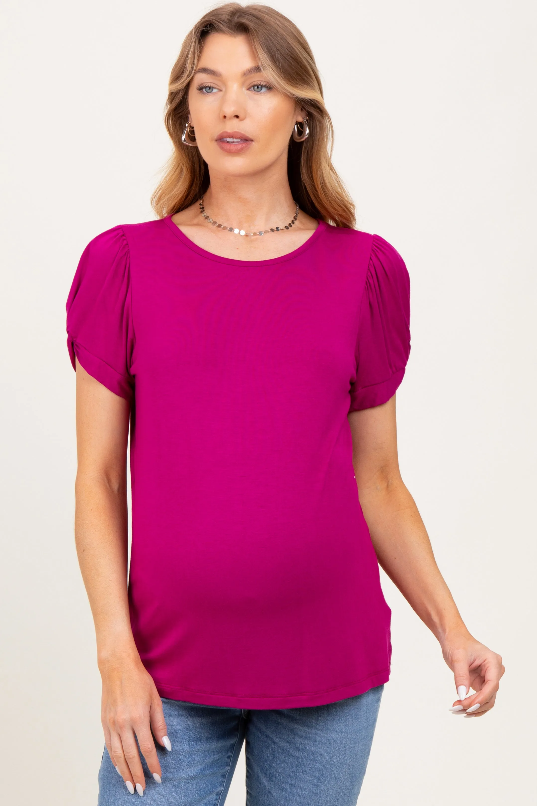 Magenta Twisted Short Sleeve Maternity Top sold by Pinkblush