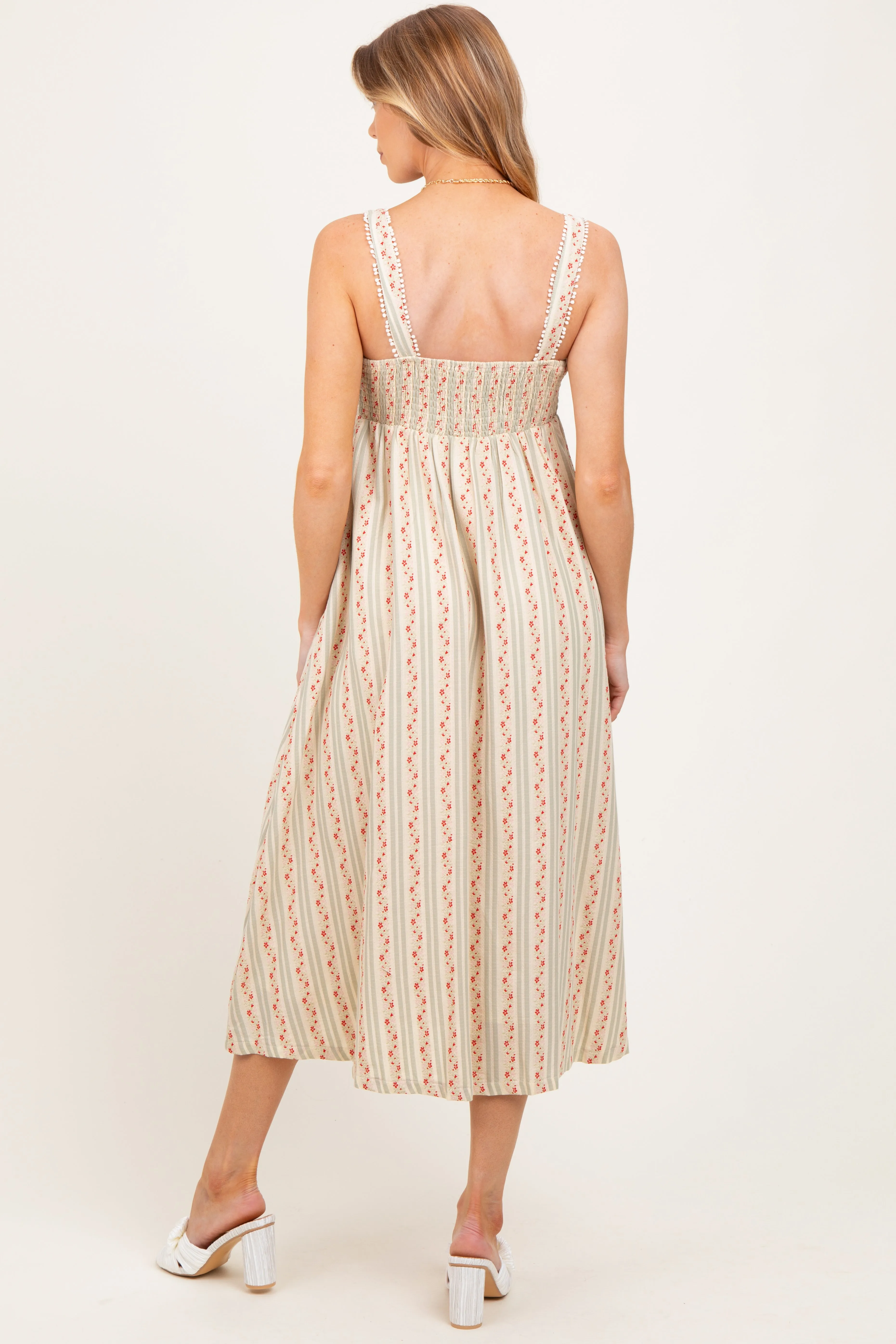 Light Olive Floral Embroidered Striped Maternity Midi Dress sold by Pinkblush product image thumbnail 4