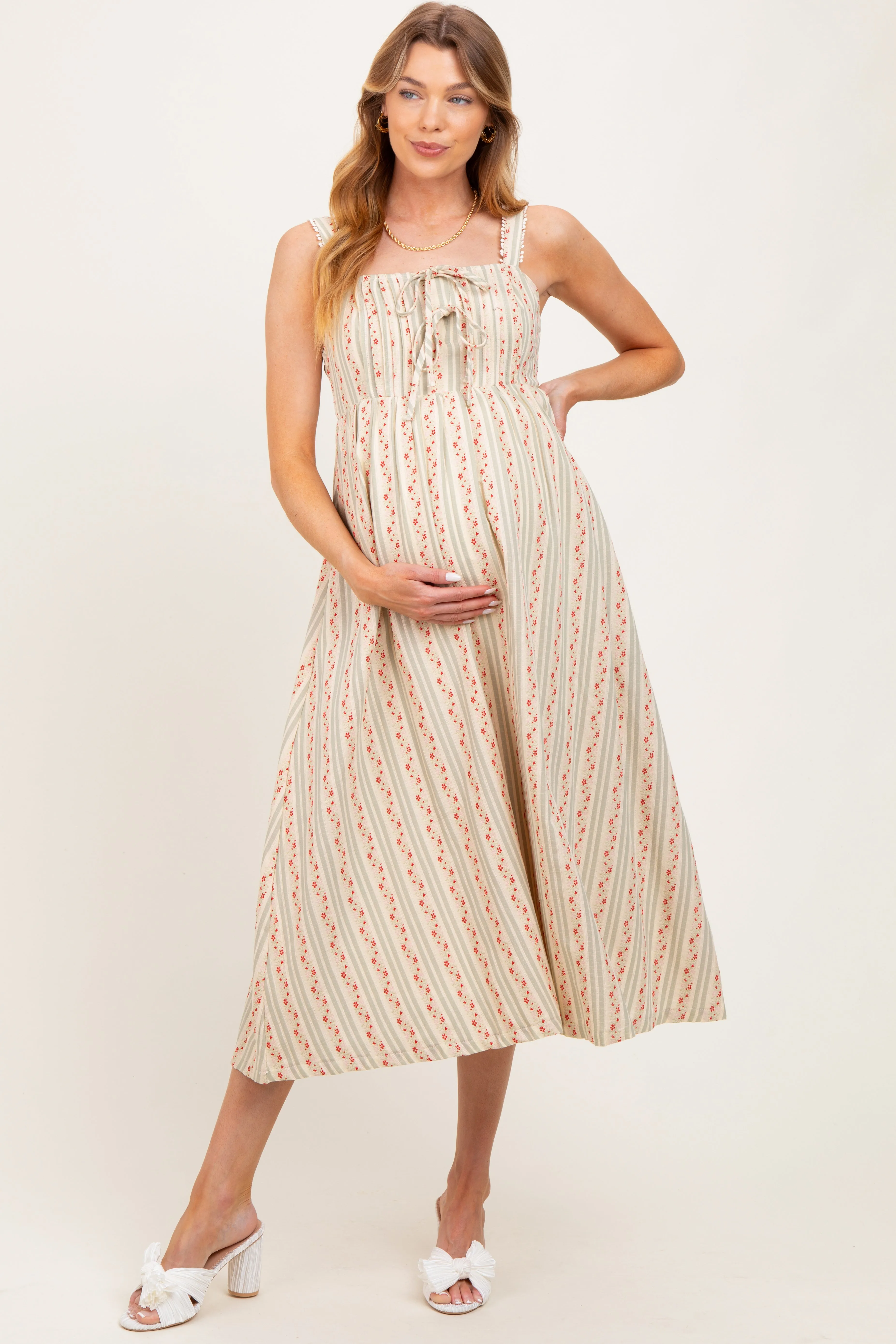 Light Olive Floral Embroidered Striped Maternity Midi Dress sold by Pinkblush