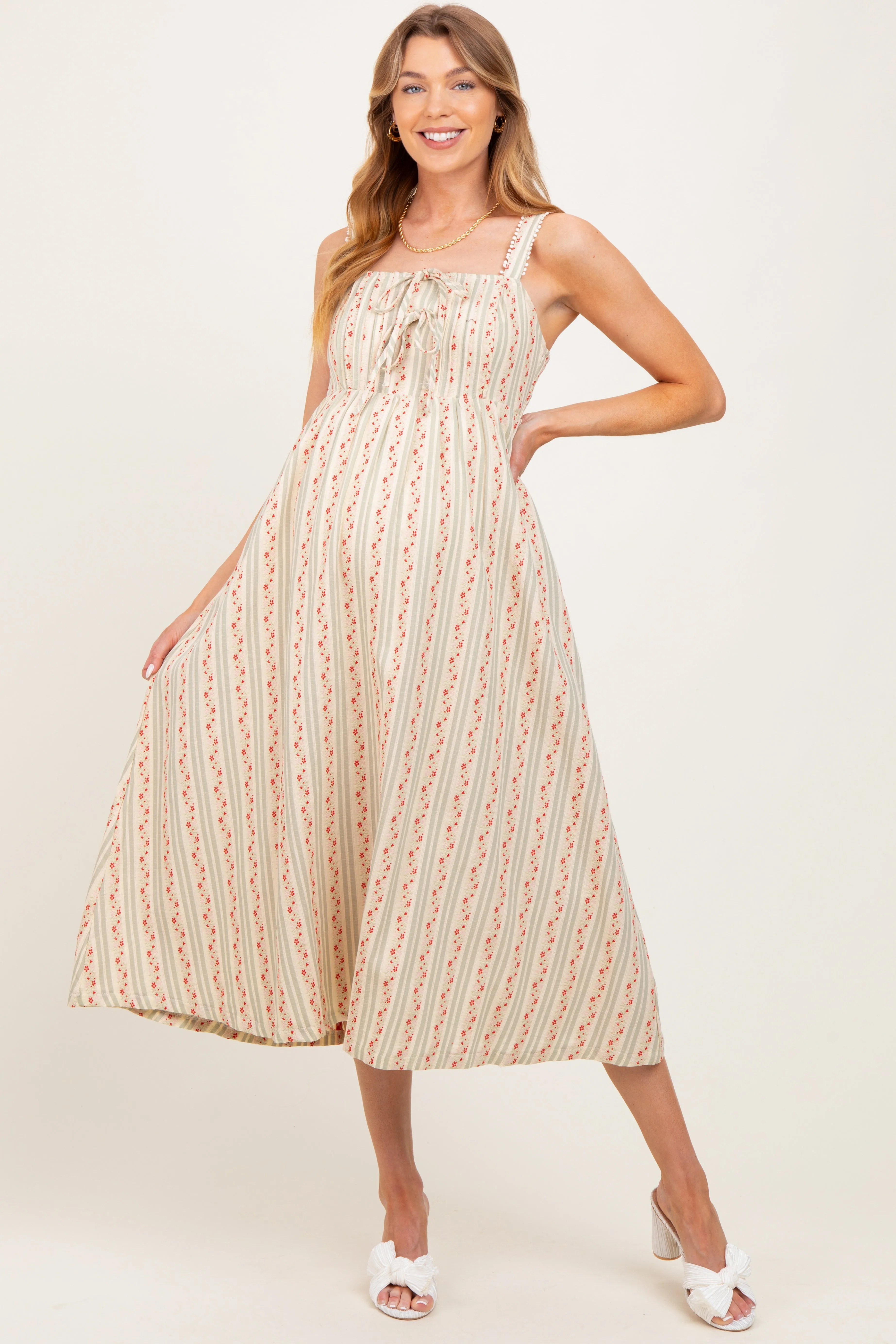 Light Olive Floral Embroidered Striped Maternity Midi Dress sold by Pinkblush product image thumbnail 2