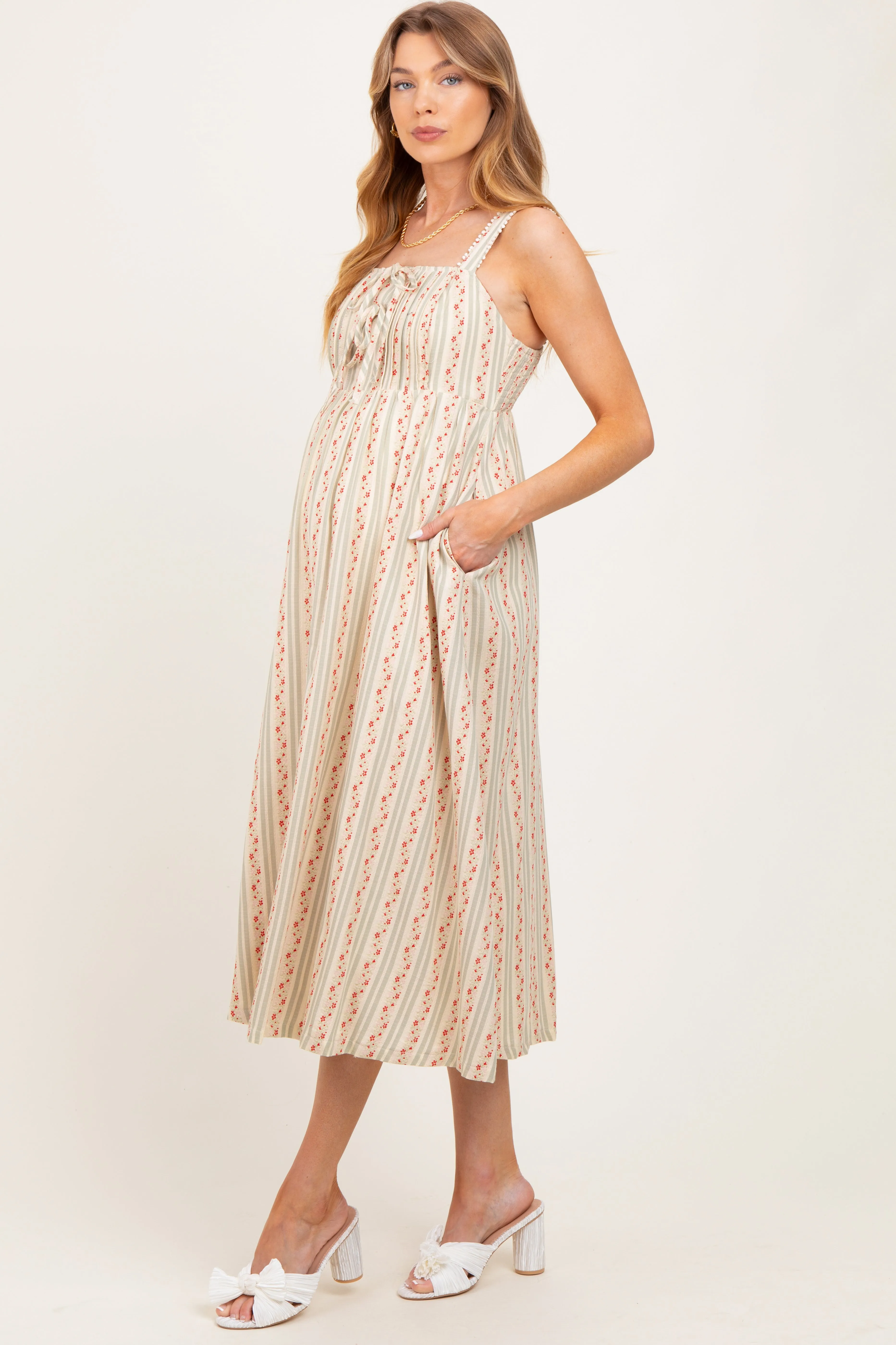 Light Olive Floral Embroidered Striped Maternity Midi Dress sold by Pinkblush product image thumbnail 3