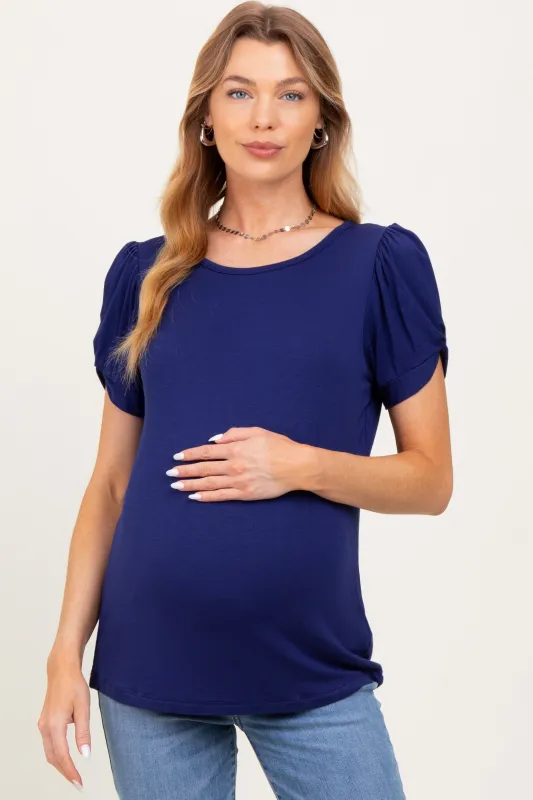 Navy Twisted Short Sleeve Maternity Top sold by Pinkblush