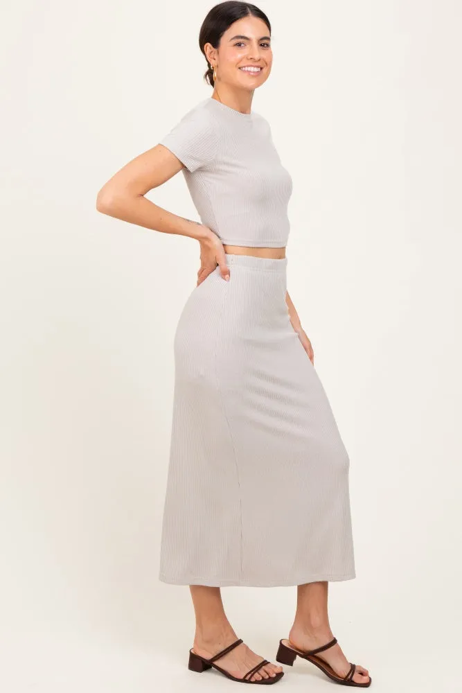 Light Taupe Ribbed Knit Crop Tee Maxi Skirt Set sold by Pinkblush product image thumbnail 3