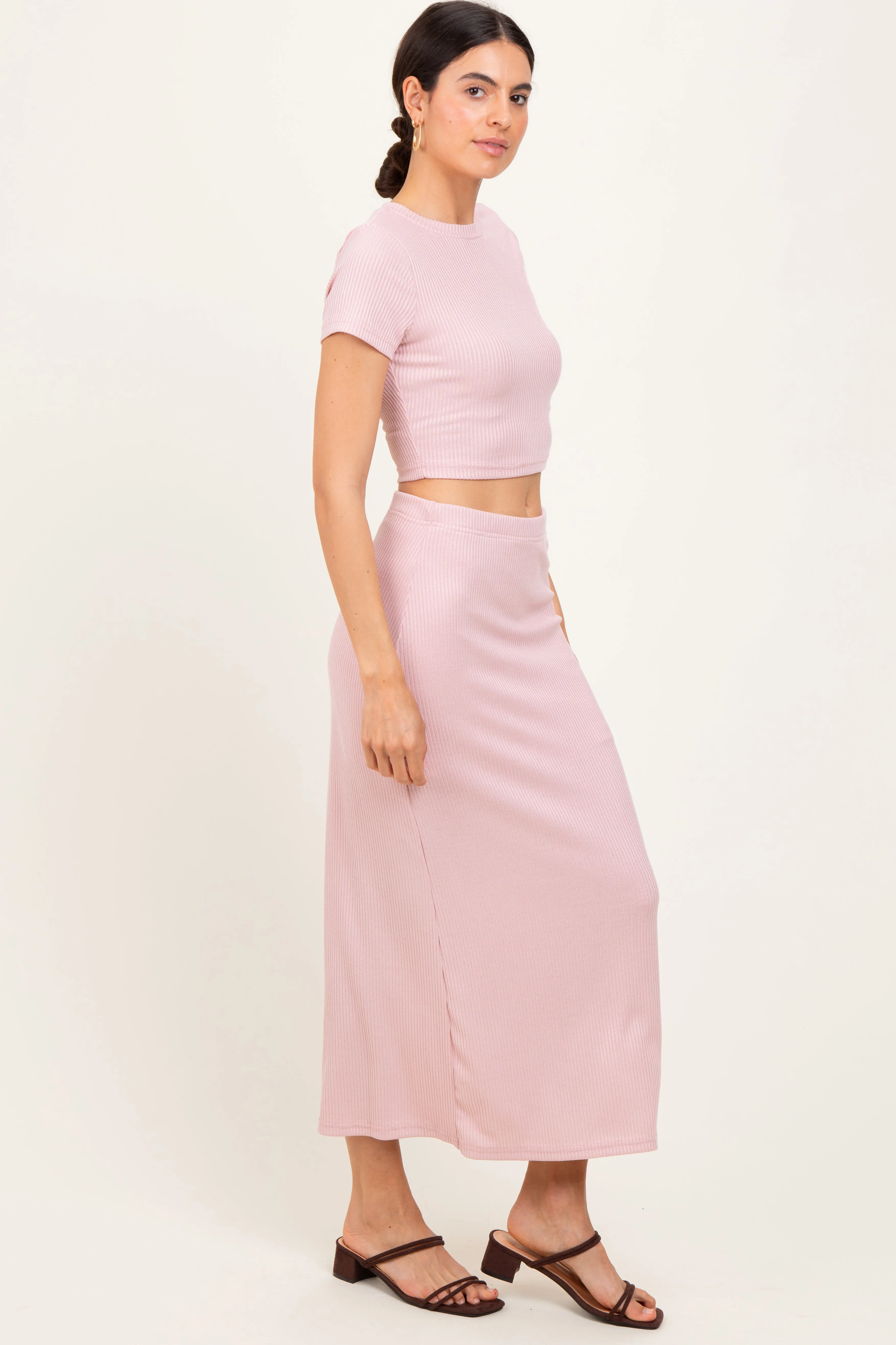 Light Pink Ribbed Knit Crop Tee Maxi Skirt Set sold by Pinkblush product image thumbnail 3