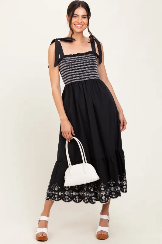 Black Smocked Embroidered Shoulder Tie Midi Dress sold by Pinkblush