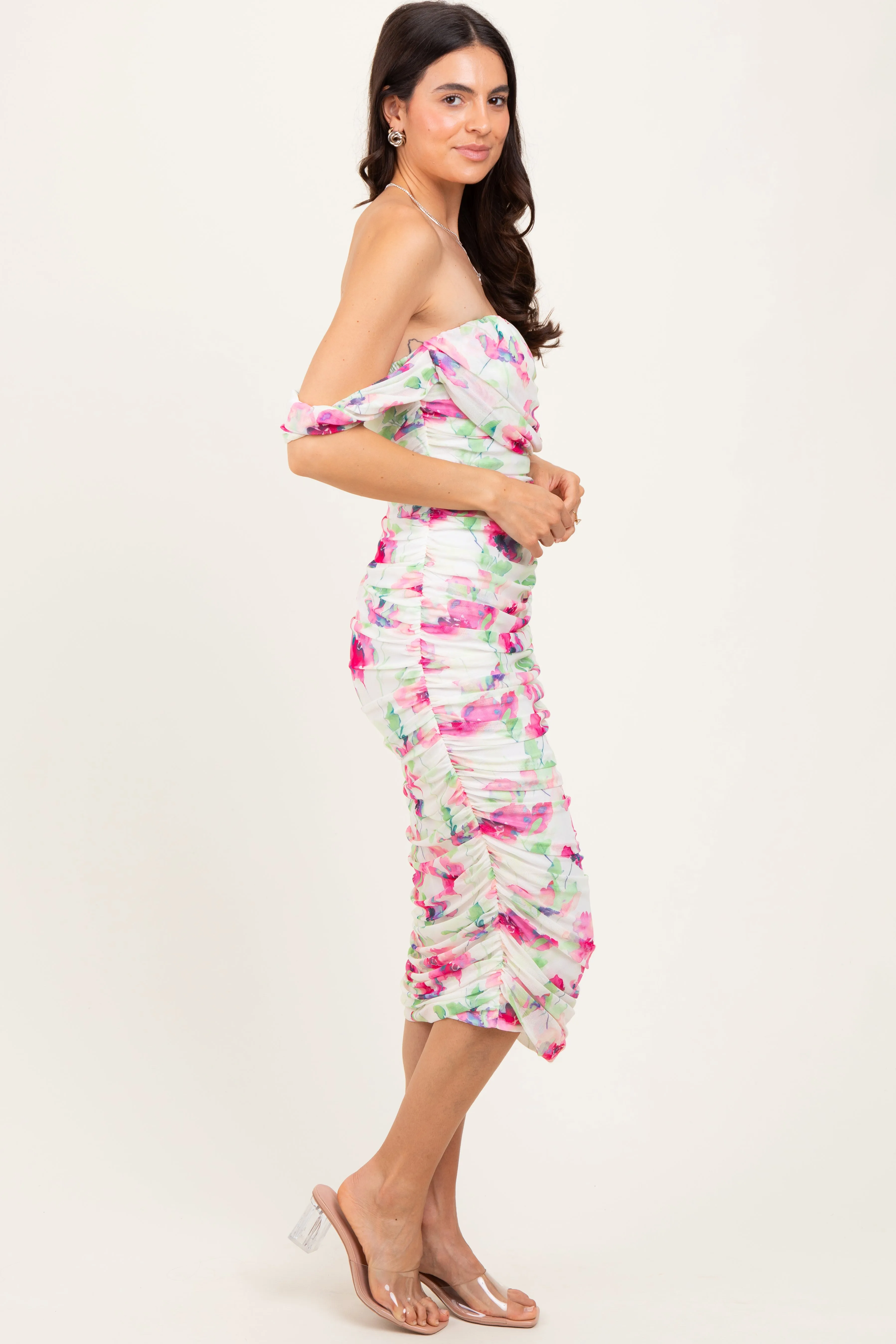 Fuchsia Floral Off Shoulder Ruched Mesh Midi Dress sold by Pinkblush product image thumbnail 3