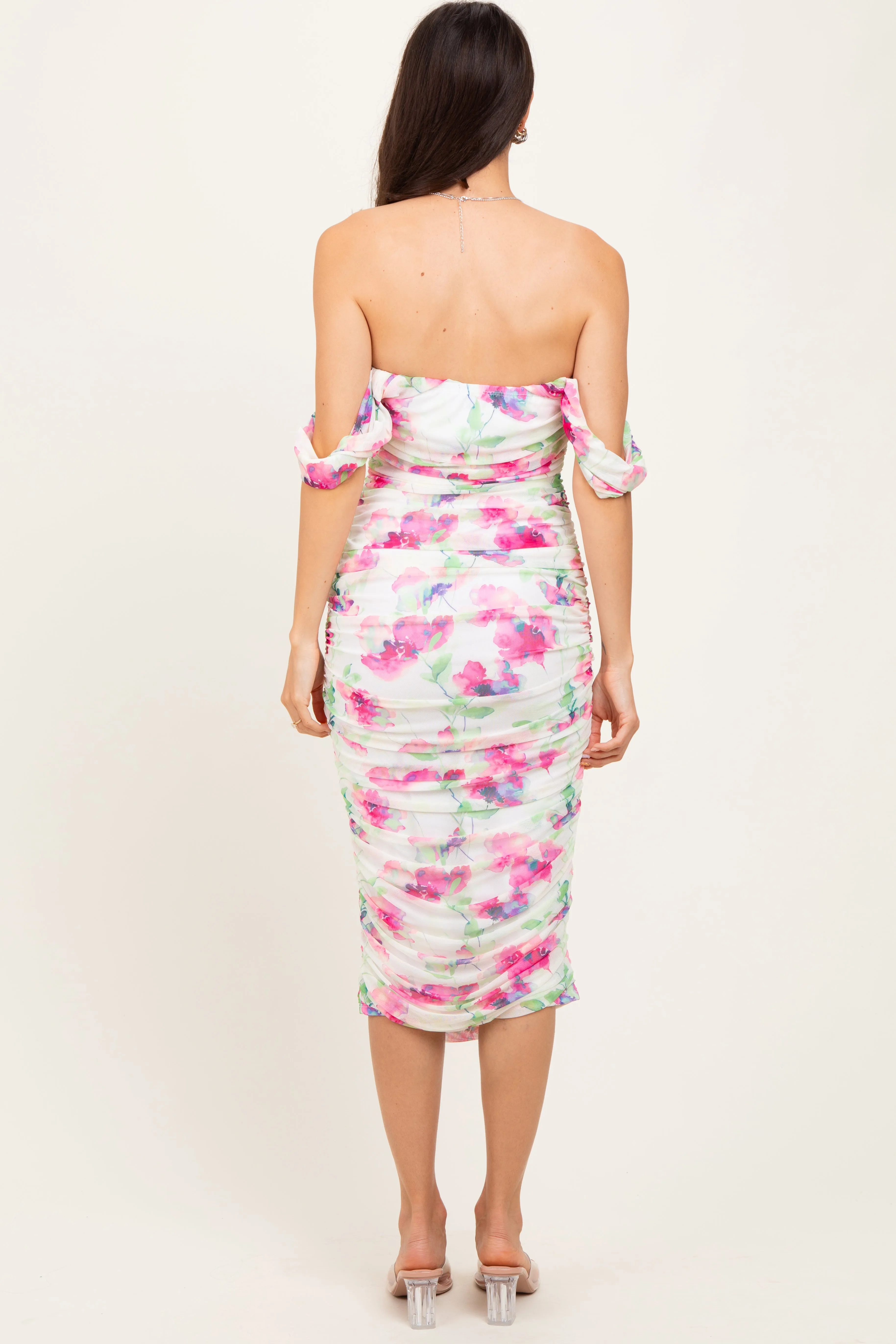 Fuchsia Floral Off Shoulder Ruched Mesh Midi Dress sold by Pinkblush product image thumbnail 4