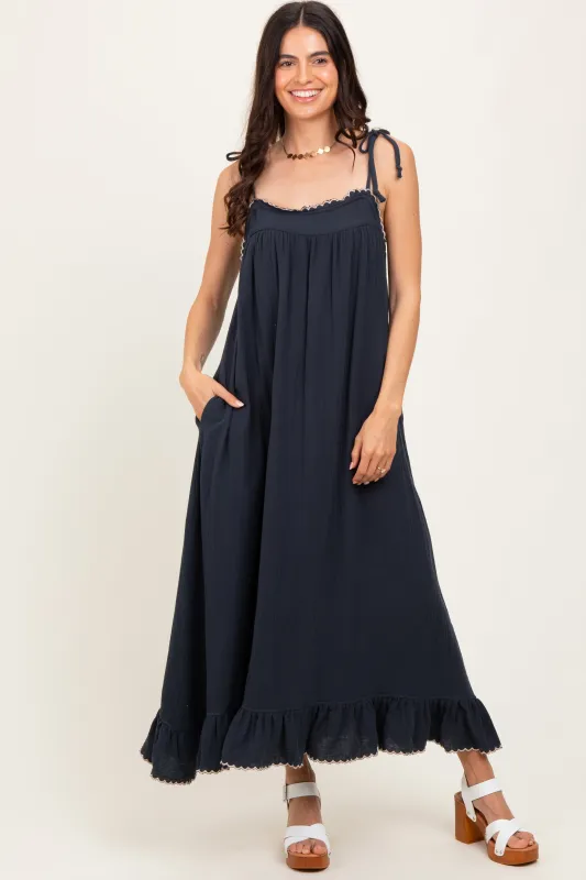 Navy Scallop Trim Shoulder Tie Maxi Dress sold by Pinkblush