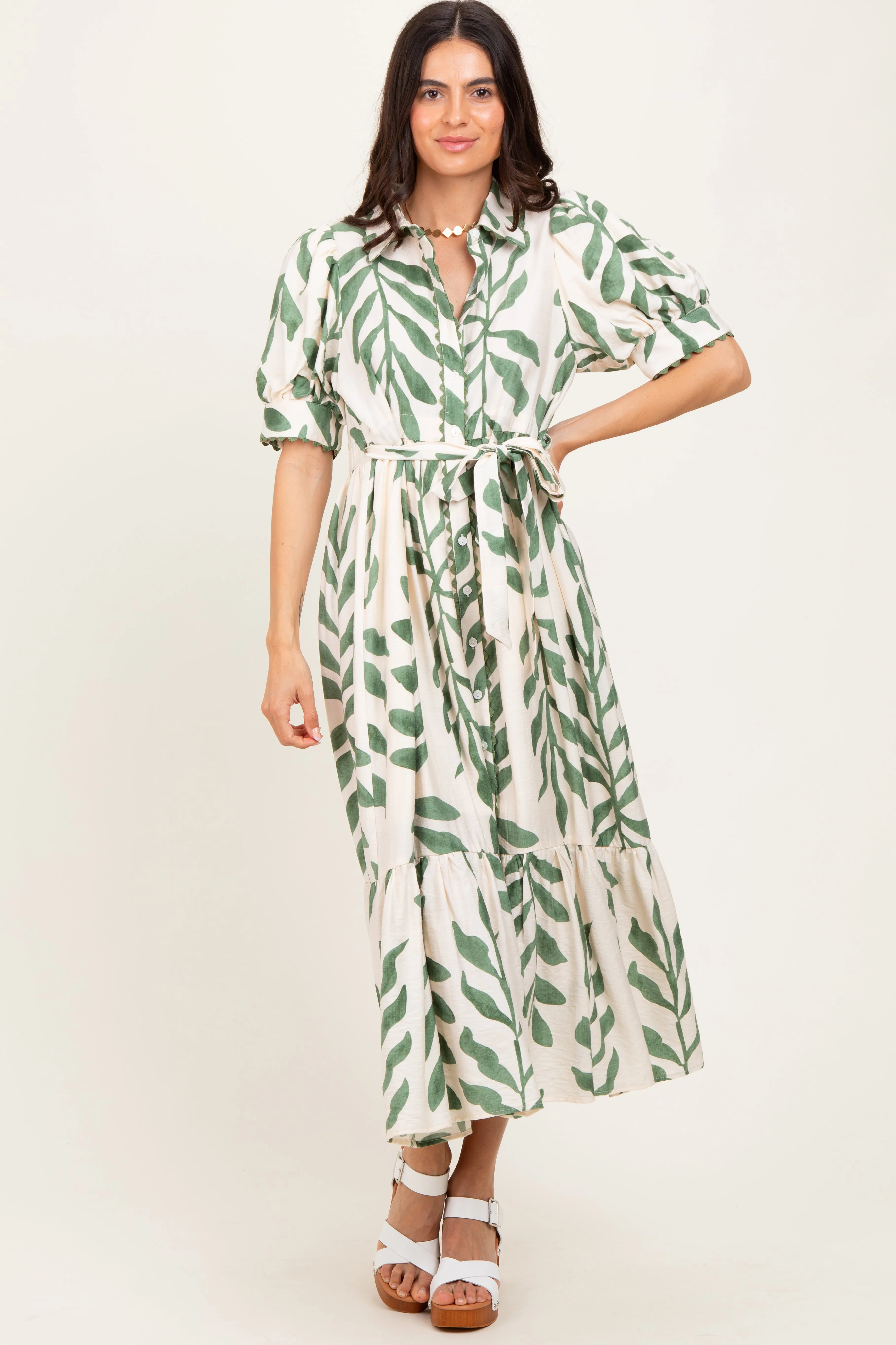 Olive Leaf Print Scallop Trim Midi Shirt Dress sold by Pinkblush product image thumbnail 2