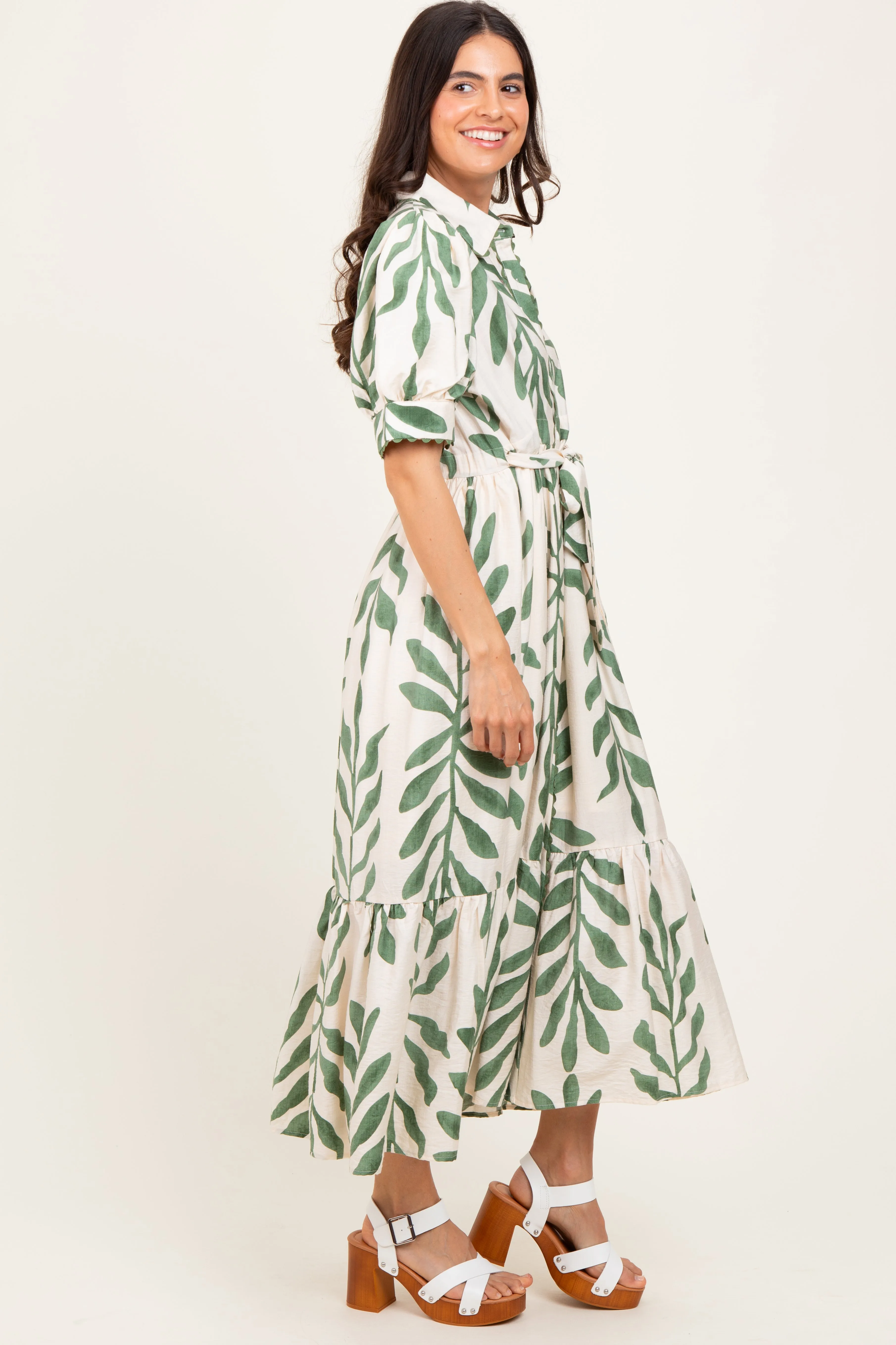 Olive Leaf Print Scallop Trim Midi Shirt Dress sold by Pinkblush product image thumbnail 3