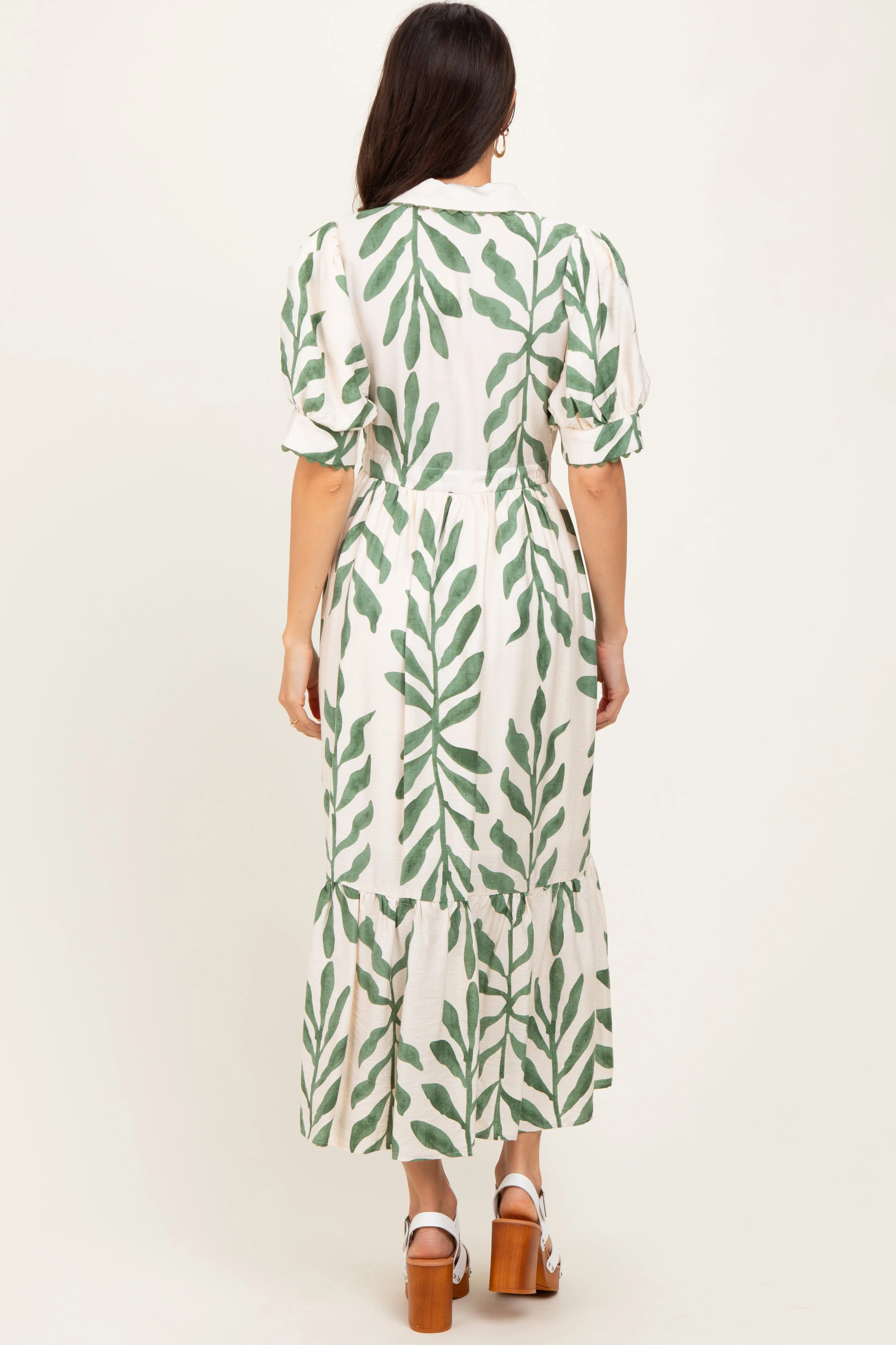 Olive Leaf Print Scallop Trim Midi Shirt Dress sold by Pinkblush product image thumbnail 4