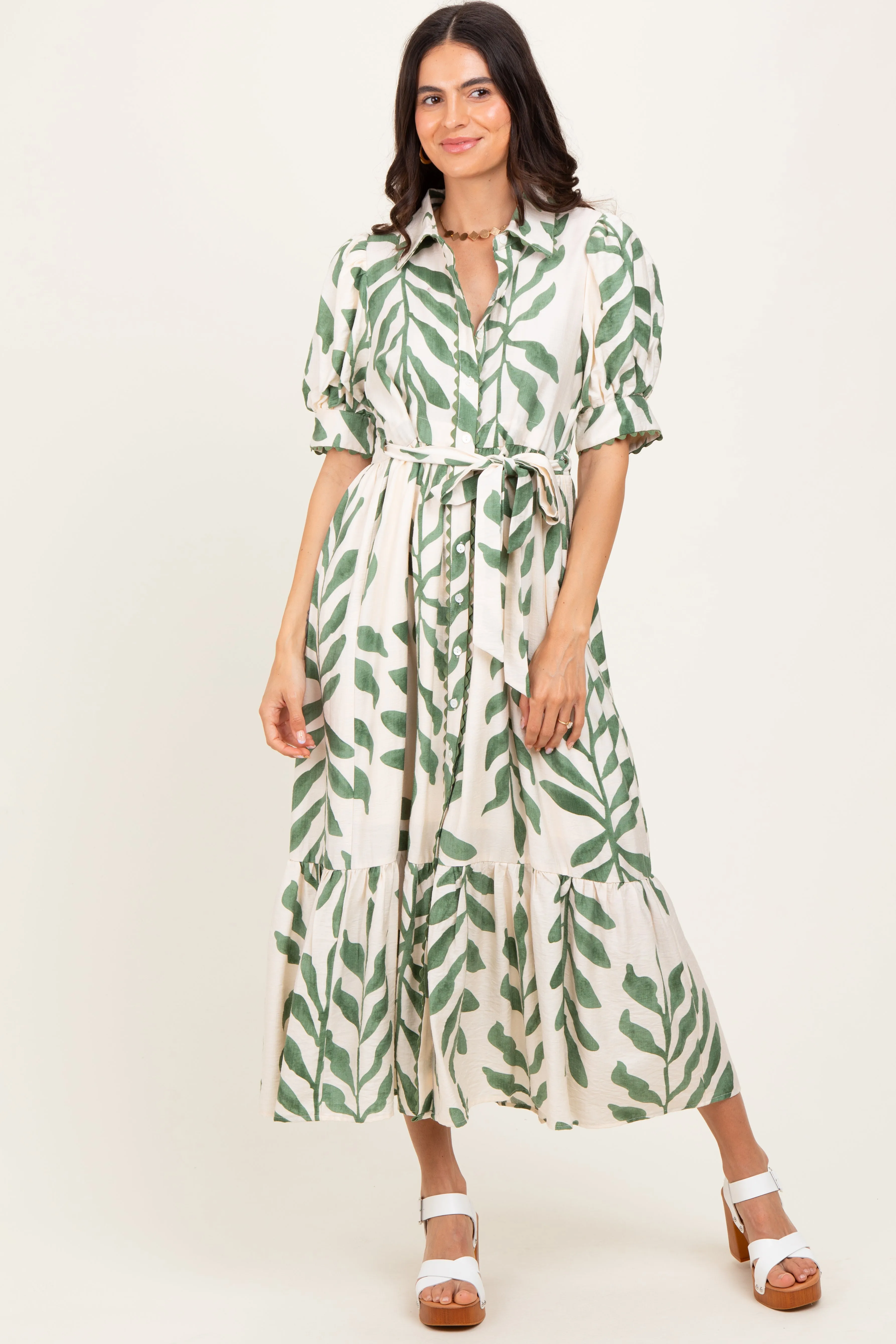 Olive Leaf Print Scallop Trim Midi Shirt Dress sold by Pinkblush