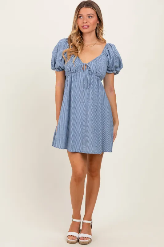 Blue Striped Chambray Front Tie Mini Dress sold by Pinkblush