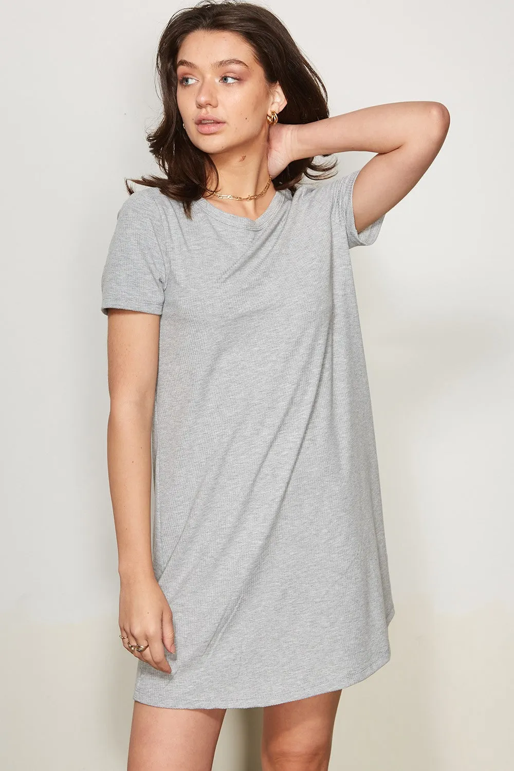 Heather Grey Ribbed Knit Basic Short Sleeve T-Shirt Dress sold by Pinkblush