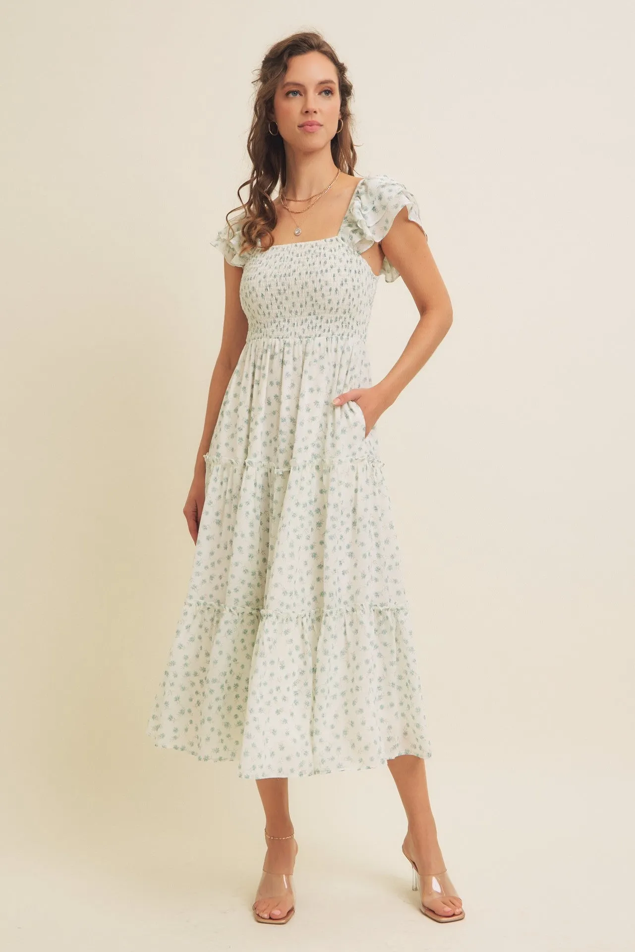 Jade Elegant Chiffon Floral Smocked Midi Dress sold by Pinkblush