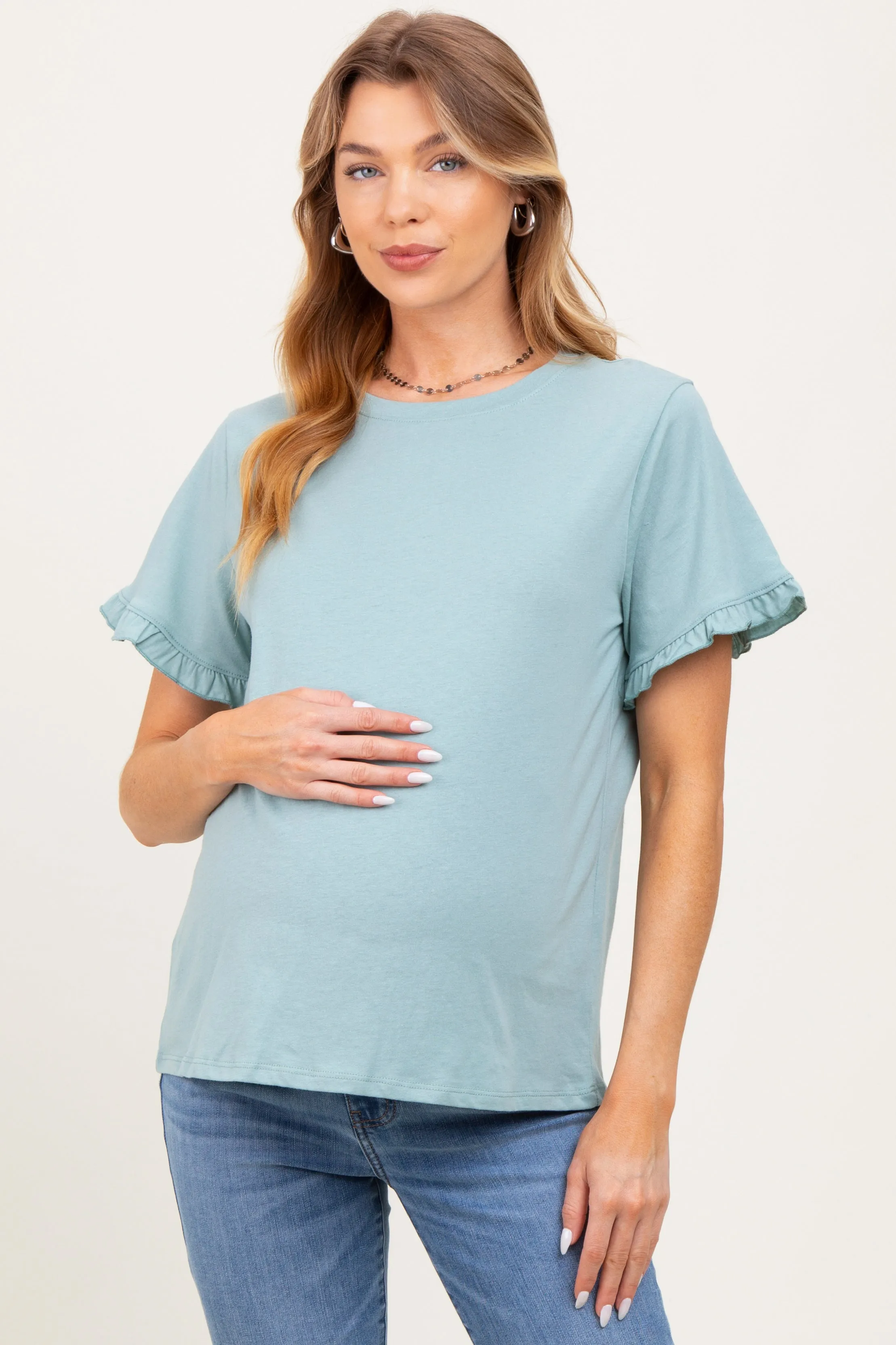 Mint Ruffle Trim Short Sleeve Maternity T-Shirt sold by Pinkblush