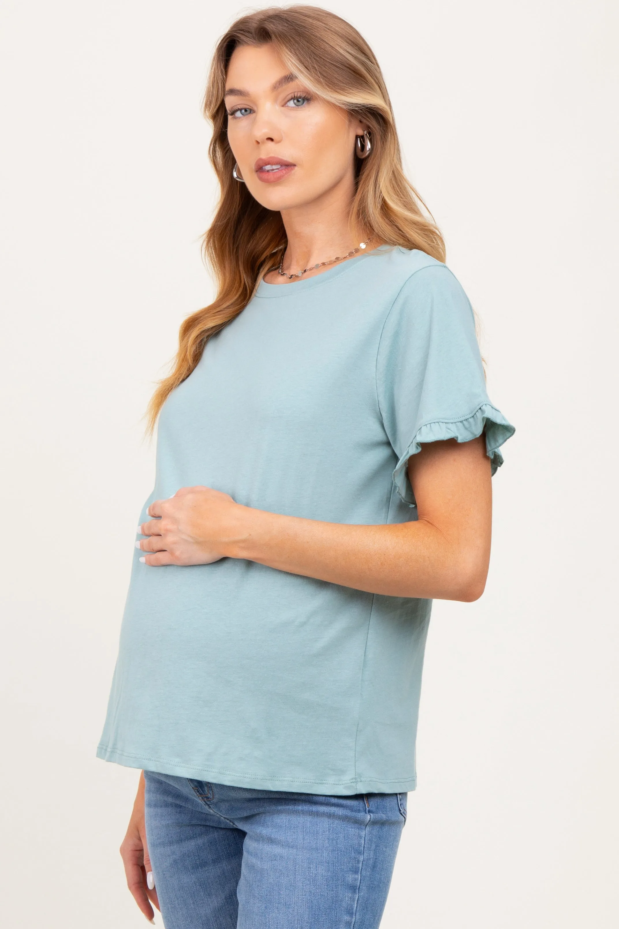 Mint Ruffle Trim Short Sleeve Maternity T-Shirt sold by Pinkblush product image thumbnail 2