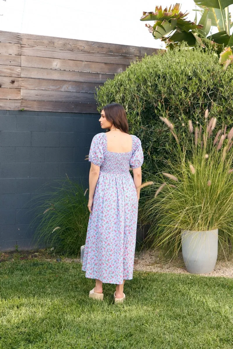 Light Blue Cotton Poplin Floral Smocked Midi Dress sold by Pinkblush product image thumbnail 5