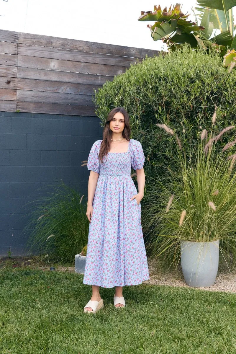 Light Blue Cotton Poplin Floral Smocked Midi Dress sold by Pinkblush product image thumbnail 2