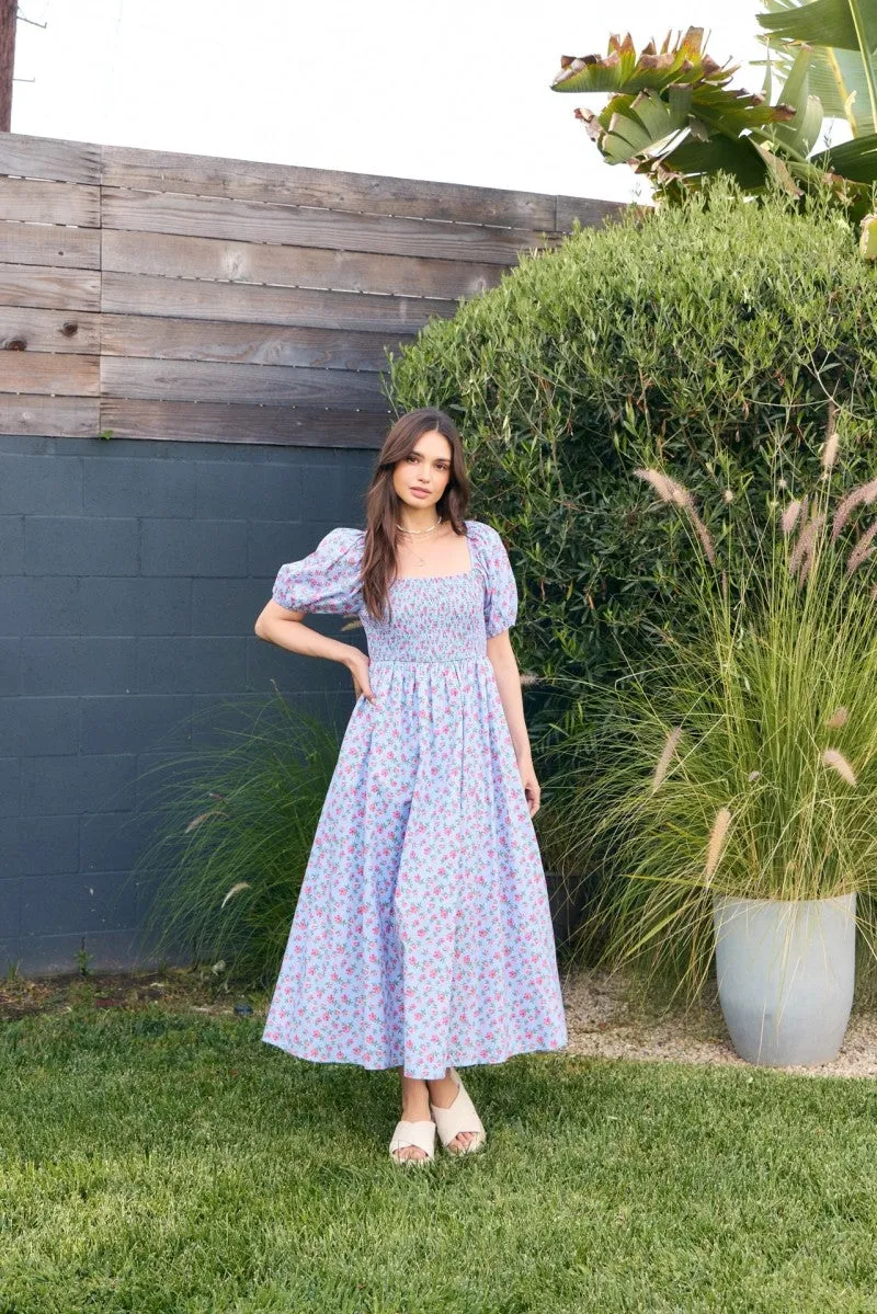 Light Blue Cotton Poplin Floral Smocked Midi Dress sold by Pinkblush product image thumbnail 3
