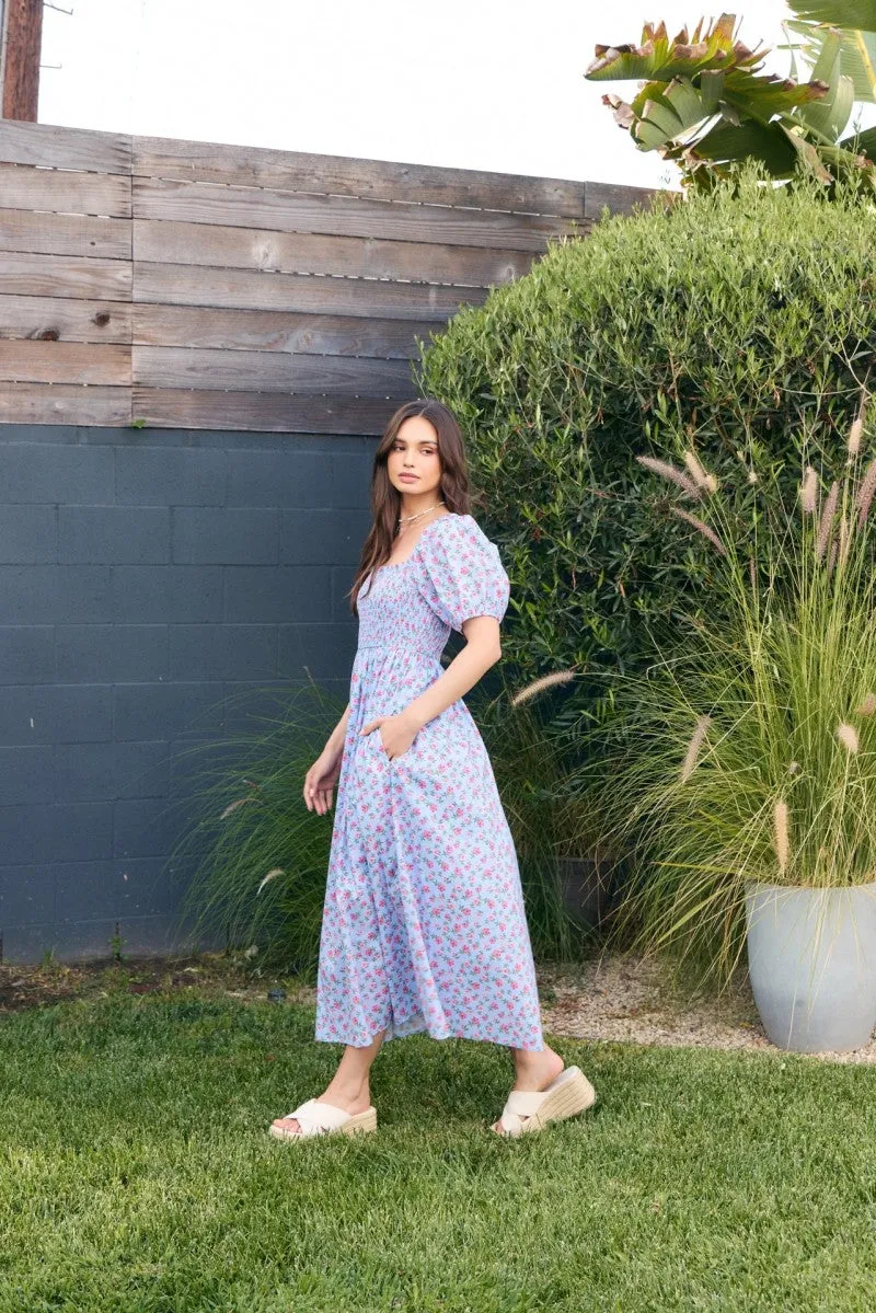 Light Blue Cotton Poplin Floral Smocked Midi Dress sold by Pinkblush product image thumbnail 4