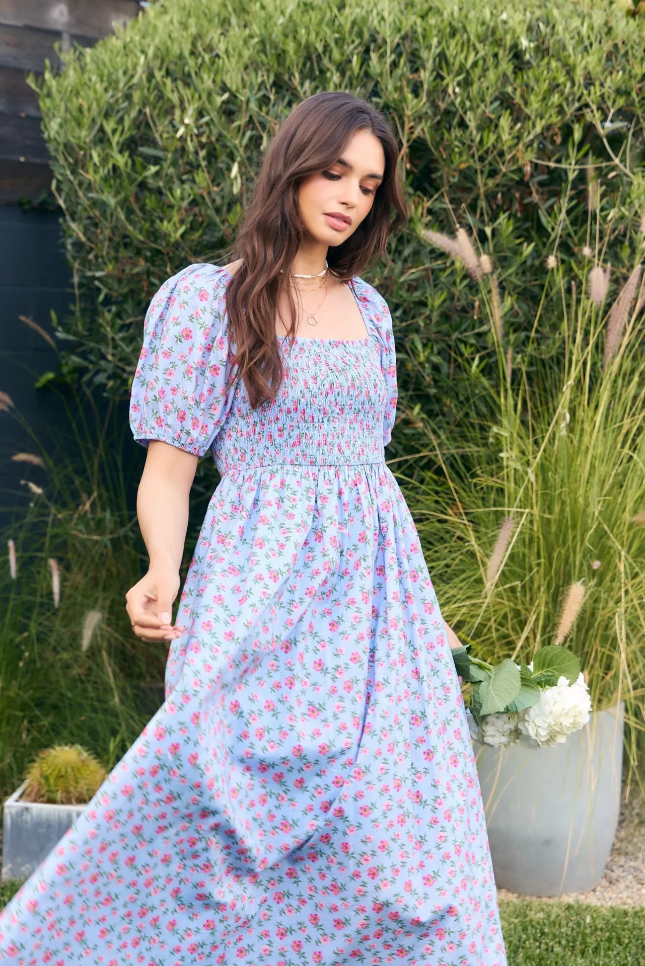Light Blue Cotton Poplin Floral Smocked Midi Dress sold by Pinkblush