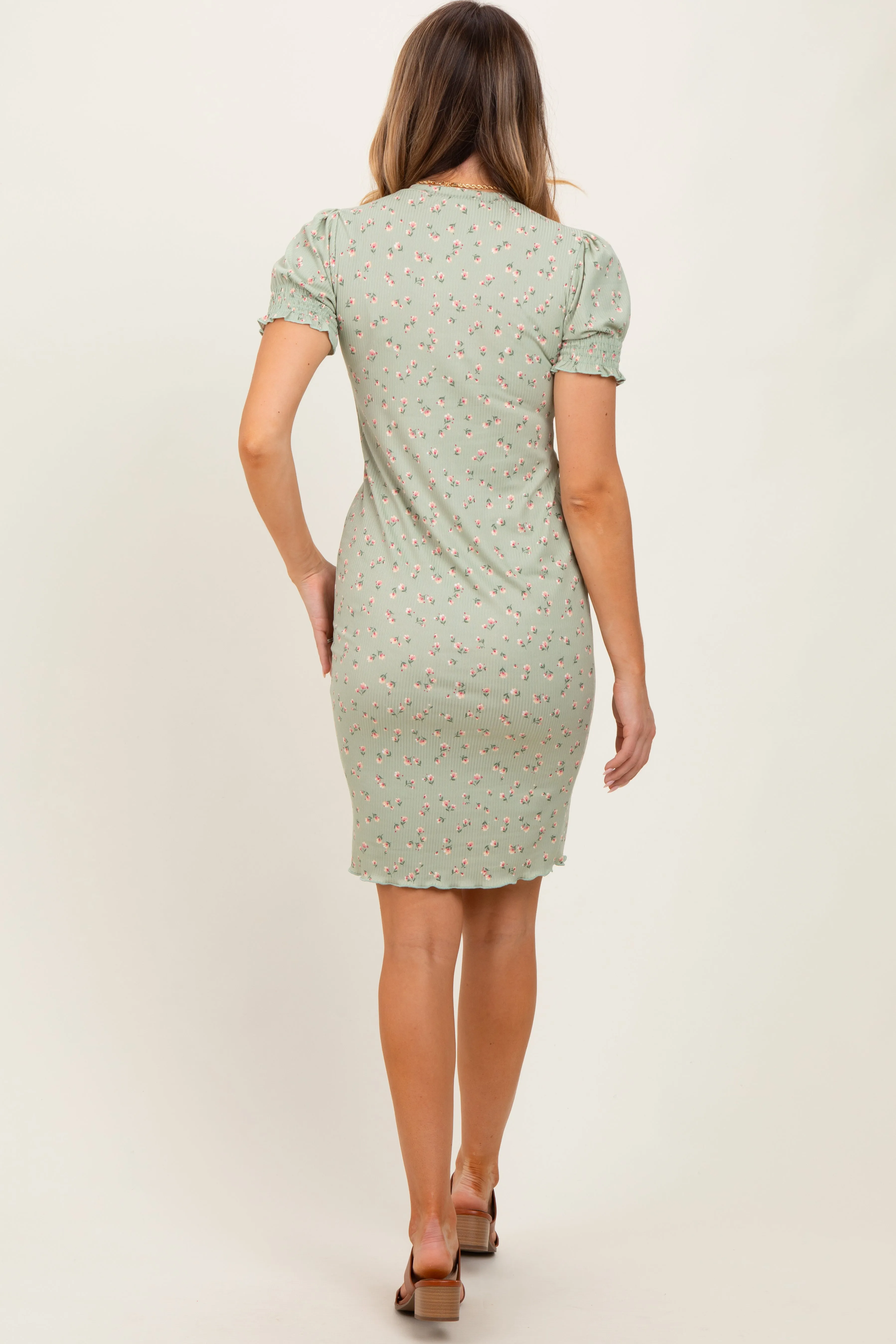 Light Olive Floral Ribbed Puff Sleeve Fitted Dress sold by Pinkblush product image thumbnail 3