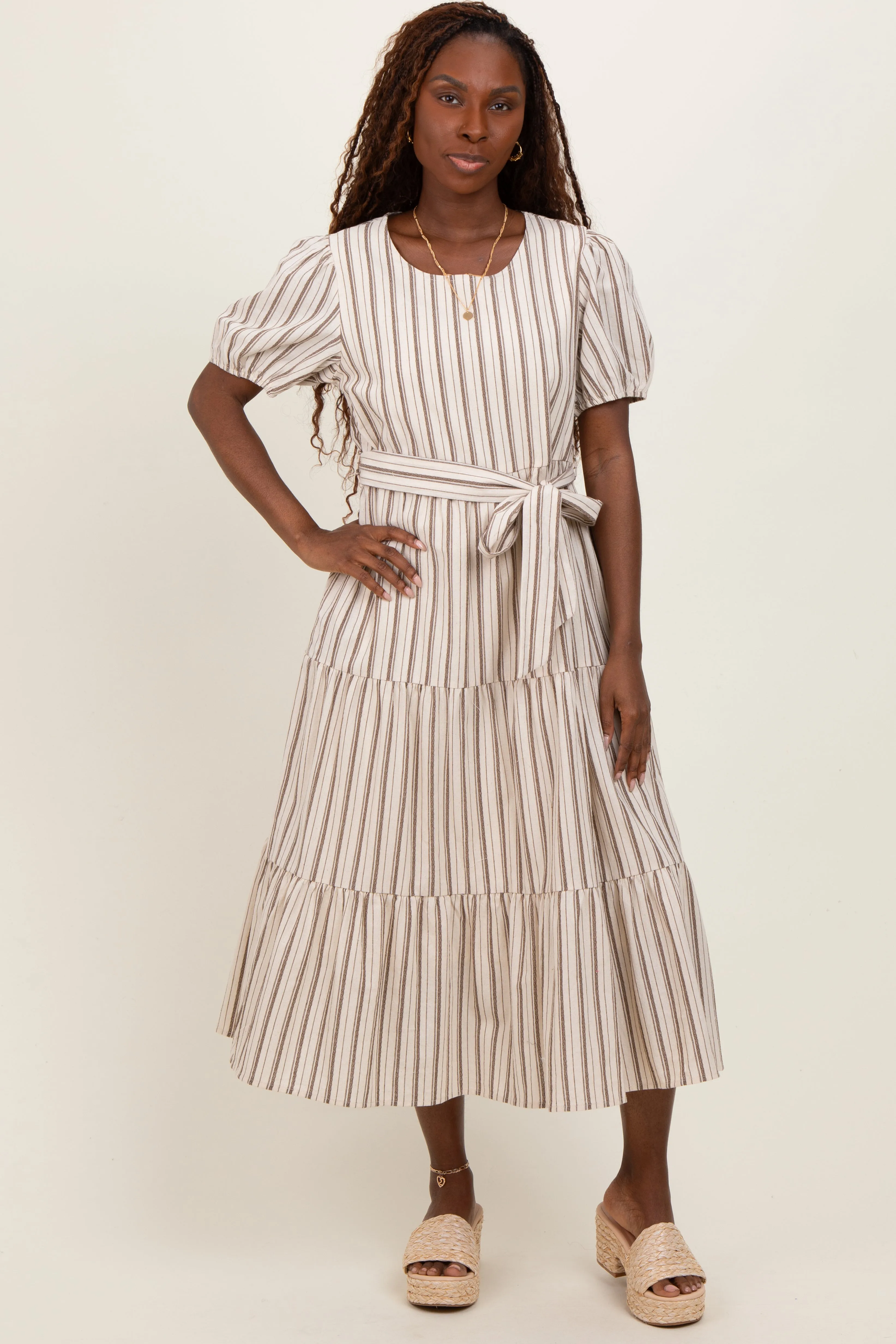 Ivory Stripe Tiered Tied Waist Maternity Midi Dress sold by Pinkblush product image thumbnail 4