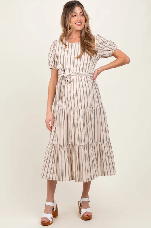 Ivory Stripe Tiered Tied Waist Maternity Midi Dress sold by Pinkblush