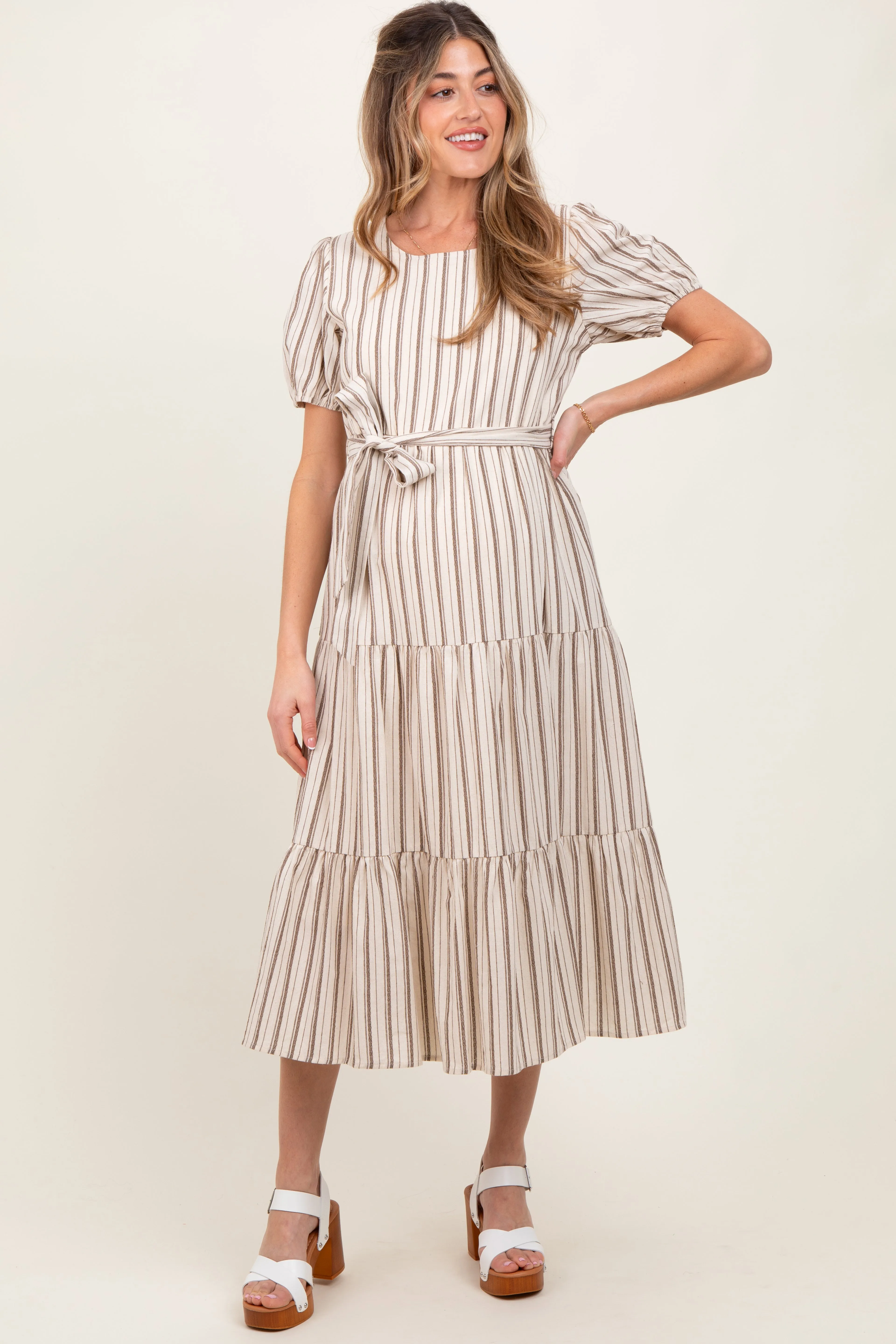 Ivory Stripe Tiered Tied Waist Maternity Midi Dress sold by Pinkblush