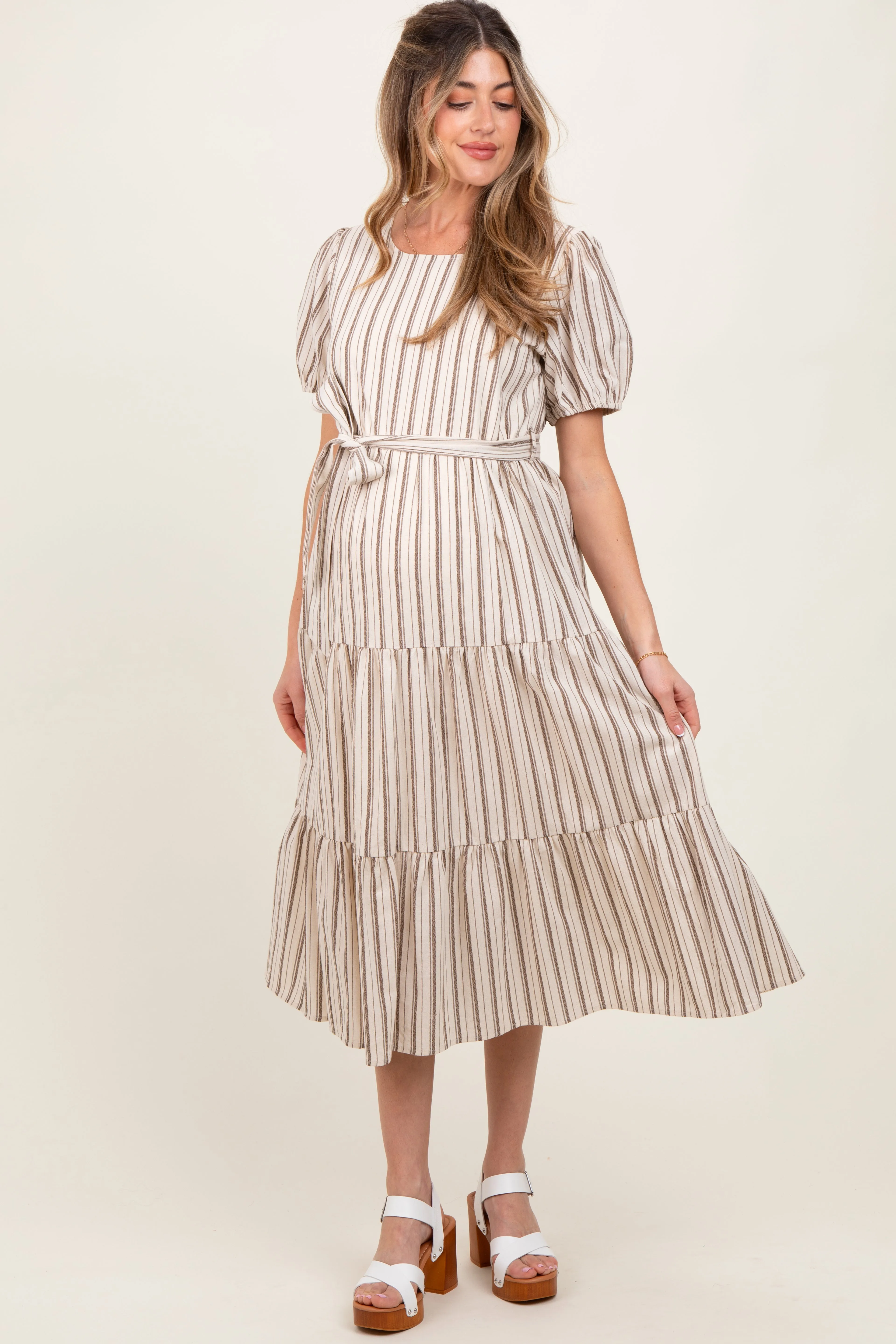 Ivory Stripe Tiered Tied Waist Maternity Midi Dress sold by Pinkblush product image thumbnail 2