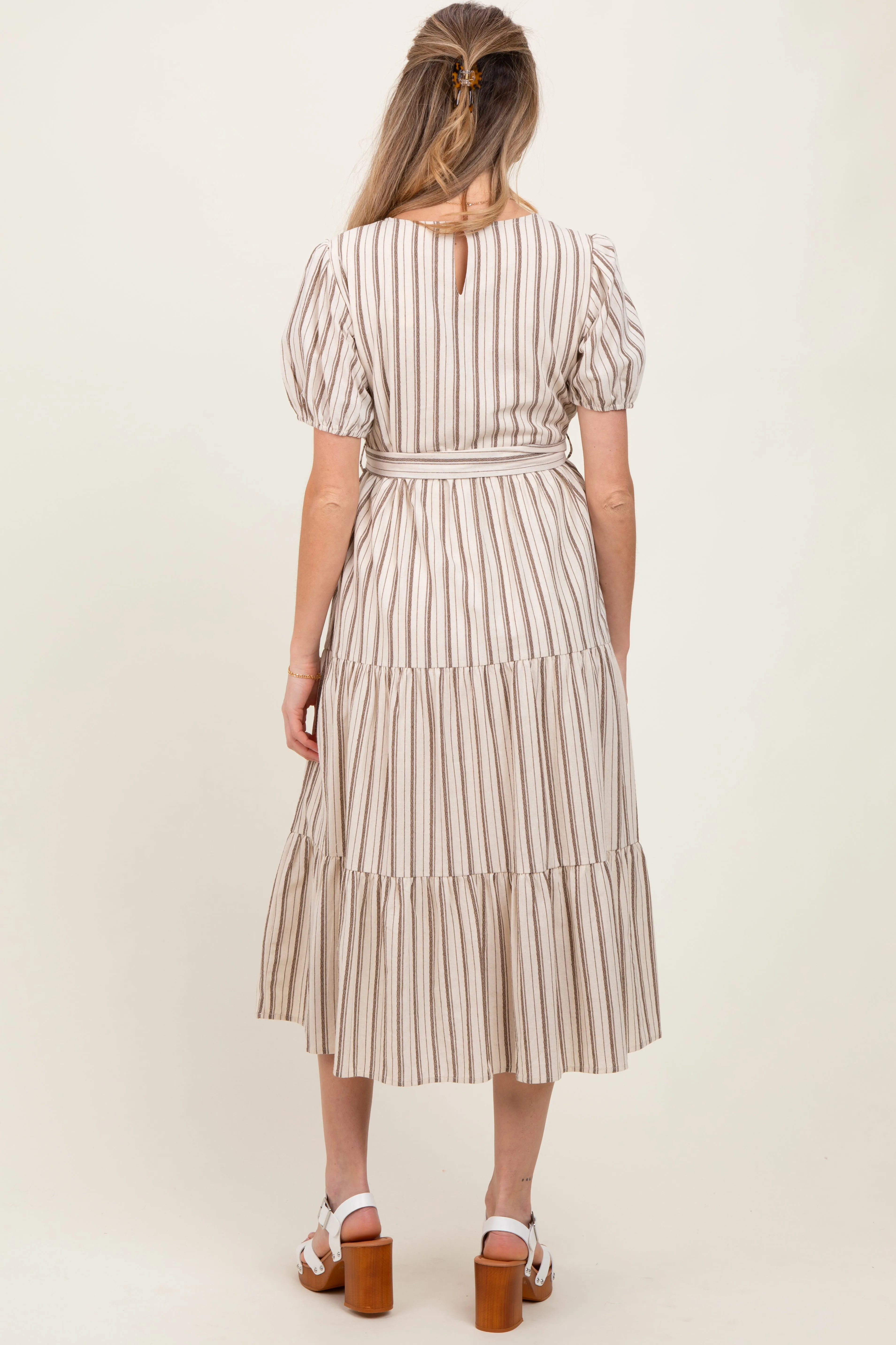 Ivory Stripe Tiered Tied Waist Maternity Midi Dress sold by Pinkblush product image thumbnail 3